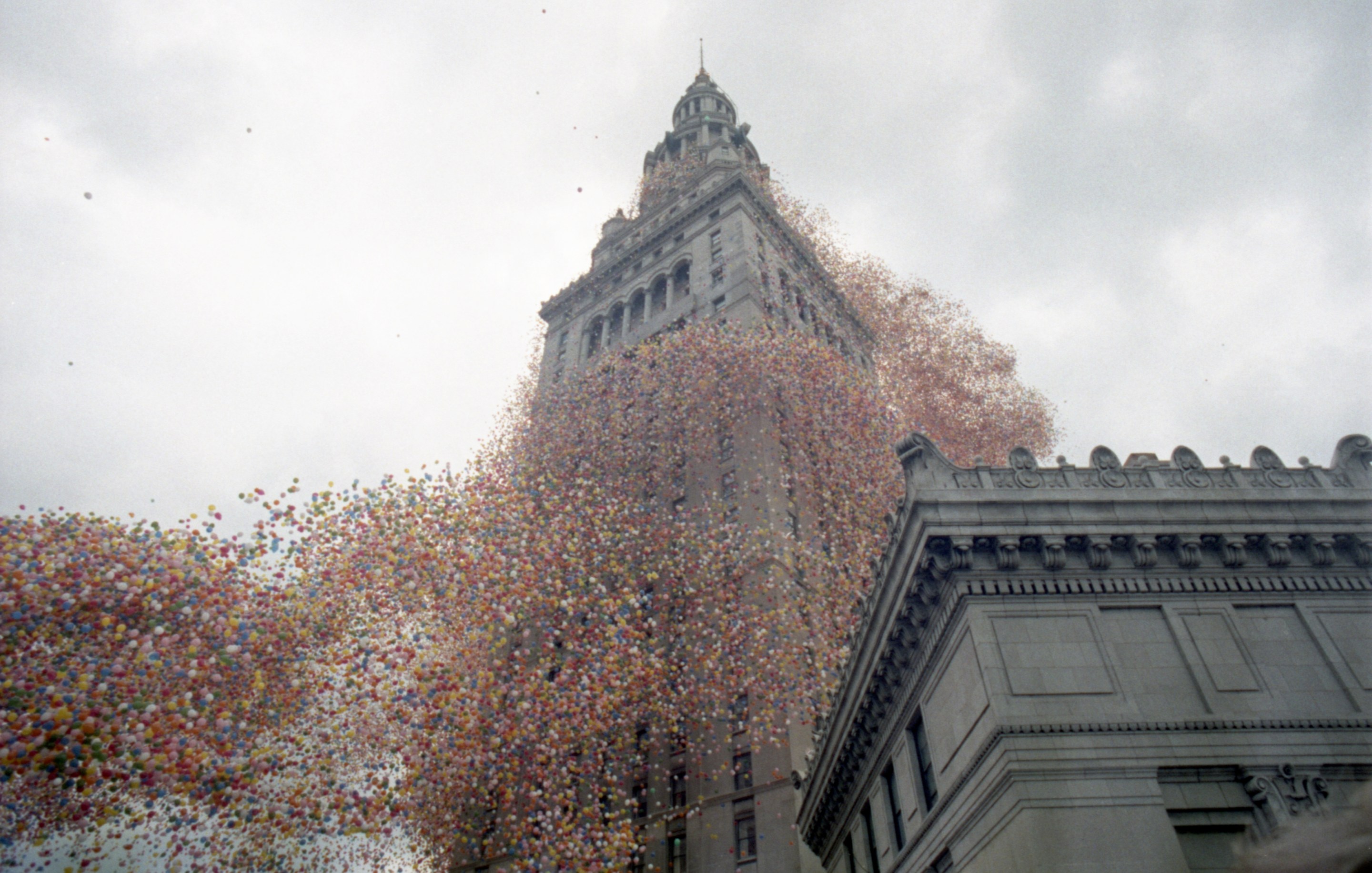 Balloons, 1.5 million of them, curl around the Terminal Tower Building during Balloonfest '86 sponsored by the United Ways Services of Cleveland. The lift off will be entered into the Guinness World Book of Records.(Photo by Bettmann Archive/Getty Images)