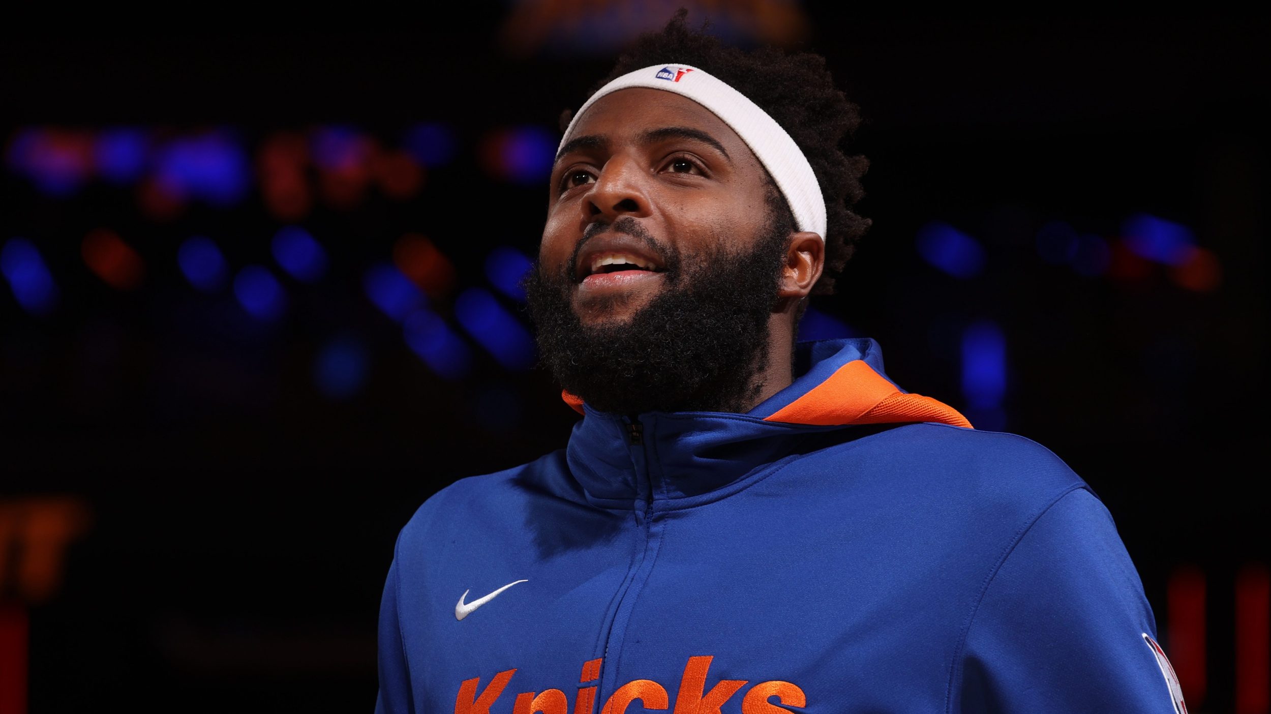 Mitchell Robinson #23 of the New York Knicks smiles before the game against the Atlanta Hawks on November 2, 2022 at Madison Square Garden in New York City, New York.