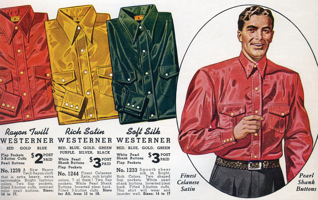 A page from a 1939 mens clothing catalog for Fred Mueller with illustrations of men wearing colorful western-style shirts.