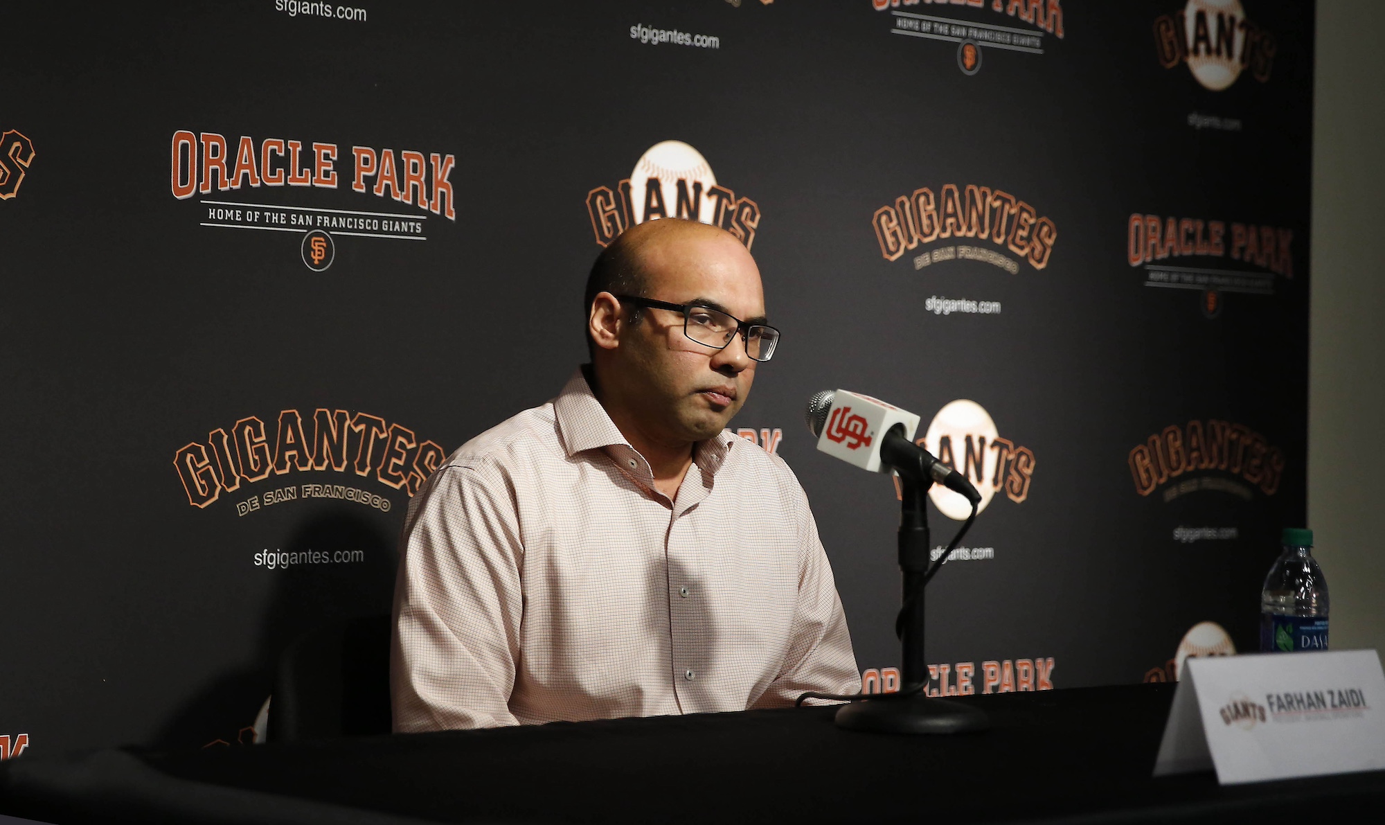 San Francisco Giants president of baseball operations Farhan Zaidi speaks during a news conference at Oracle Park in the Nick Peters interview room on Tuesday, October 1, 2019 in San Francisco, CA.