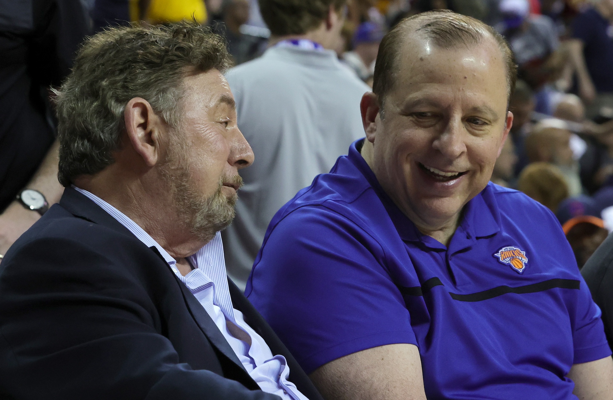 LAS VEGAS, NEVADA - JULY 08: Owner James Dolan (L) and head coach Tom Thibodeau of the New York Knicks attend the 2022 NBA Summer League at the Thomas &amp; Mack Center on July 08, 2022 in Las Vegas, Nevada. NOTE TO USER: User expressly acknowledges and agrees that, by downloading and or using this photograph, User is consenting to the terms and conditions of the Getty Images License Agreement. (Photo by Ethan Miller/Getty Images)