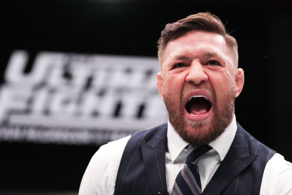 A close up of Conor McGregor yelling during the filming of the TV show The Ultimate Fighter in March 2023