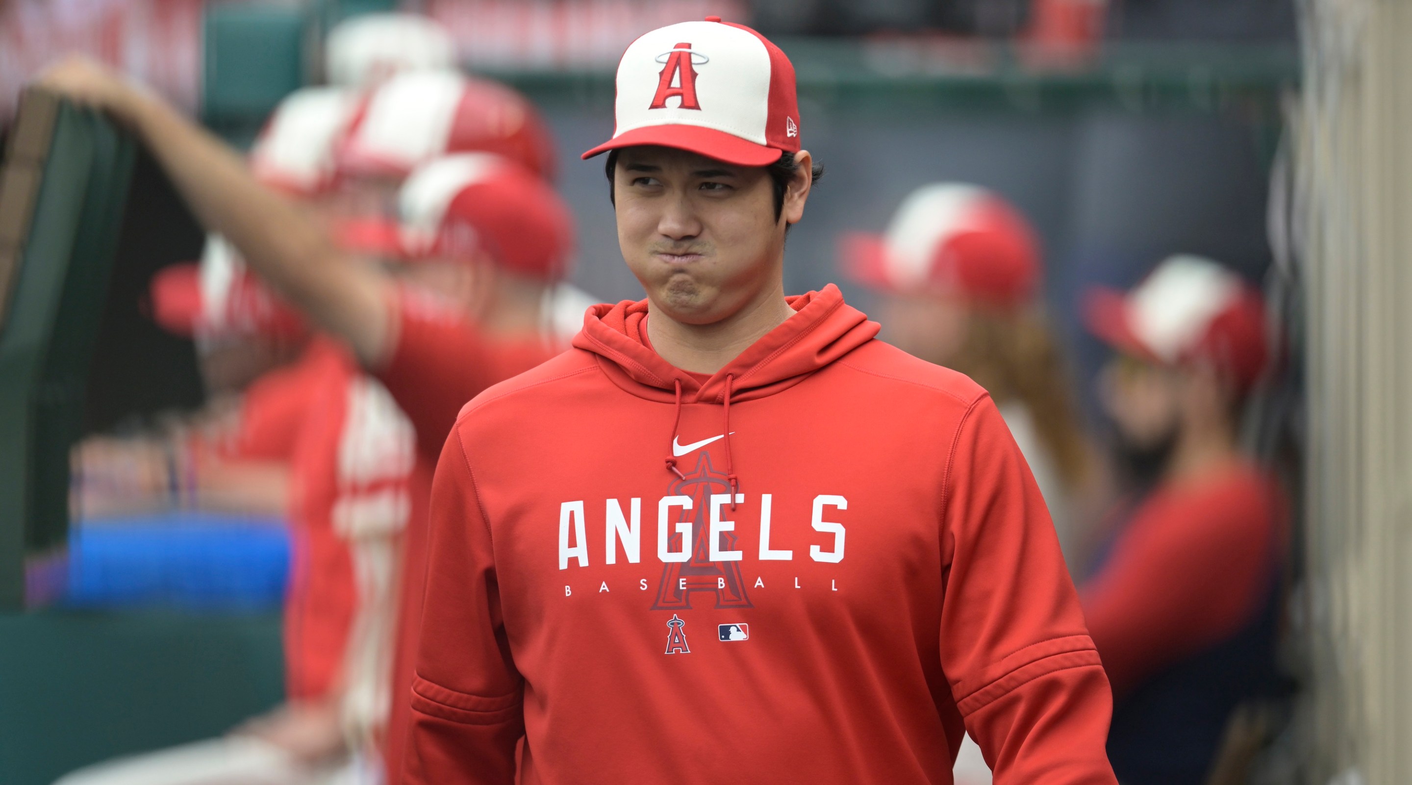 ANAHEIM, CALIFORNIA - SEPTEMBER 17: Shohei Ohtani of the Los Angeles Angels in the dugout while playing the Detroit Tigers at Angel Stadium of Anaheim on September 17, 2023 in Anaheim, California. (Photo by John McCoy/Getty Images)