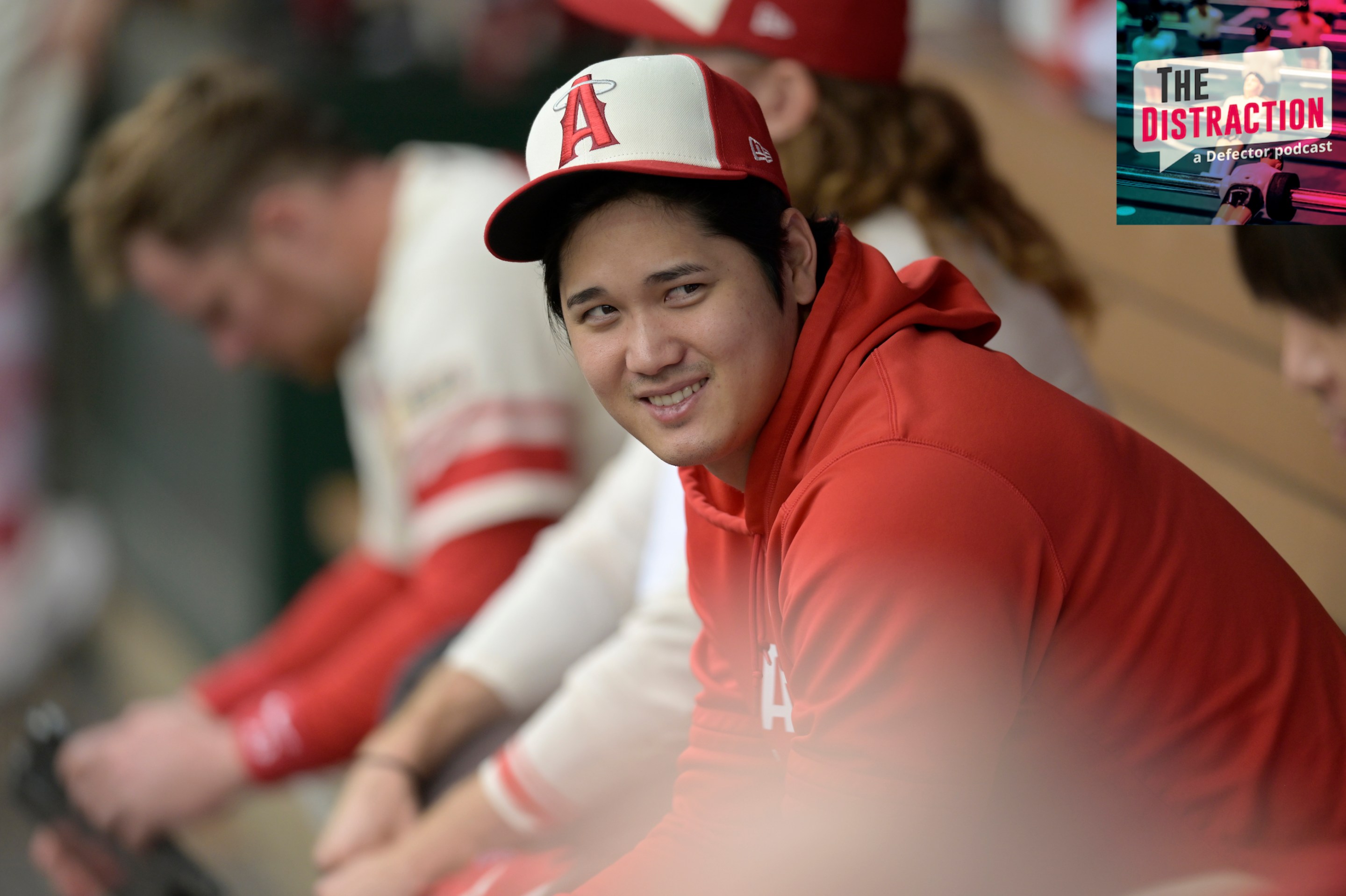 Shohei Ohtani smiling in the dugout during an Angels game on September 17 of 2023.