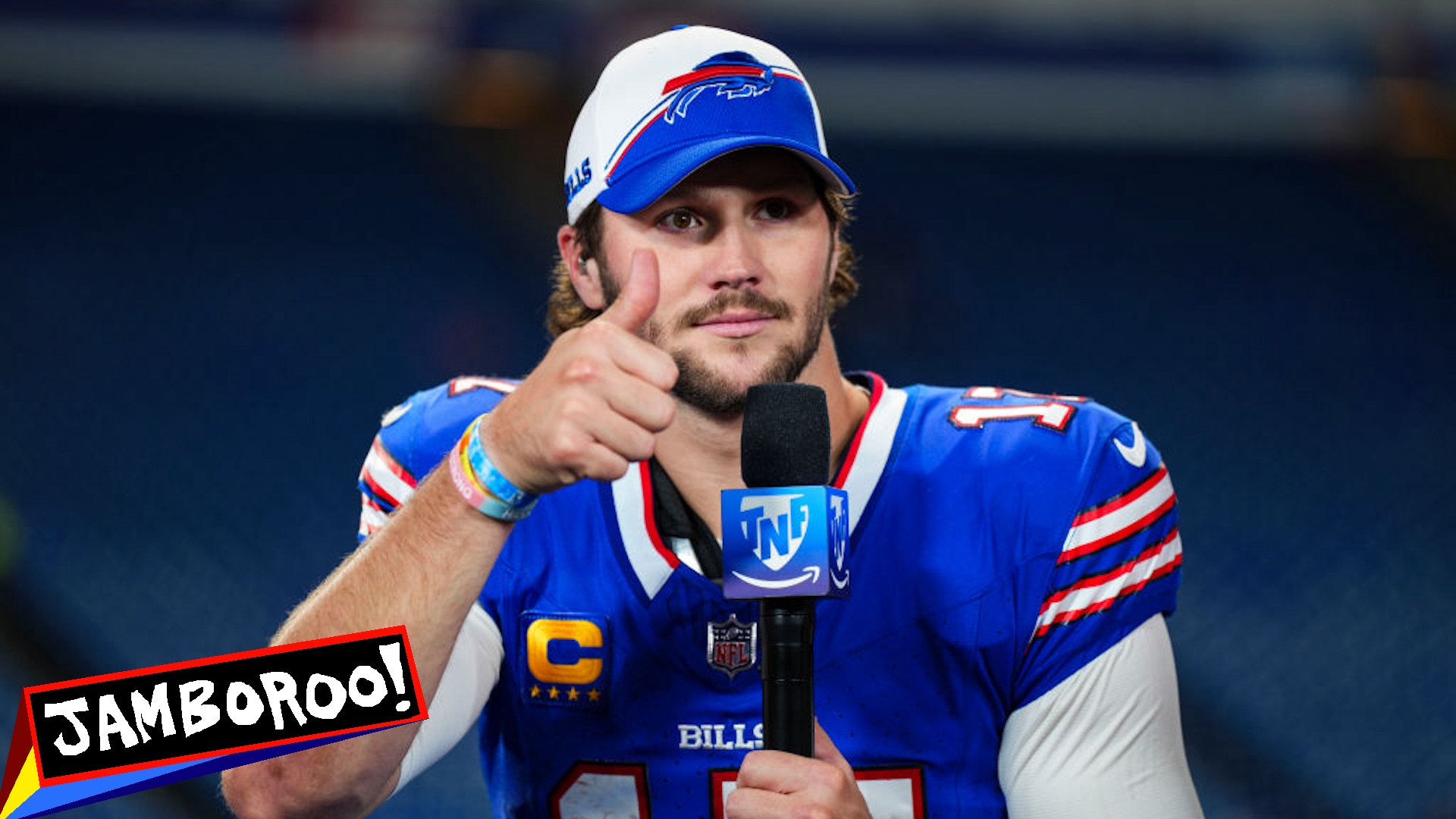 Josh Allen #17 of the Buffalo Bills visits on set of the Amazon Prime TNF postgame show after an NFL football game between the Tampa Bay Buccaneers and the Buffalo Bills at Highmark Stadium on October 26, 2023 in Orchard Park, New York.