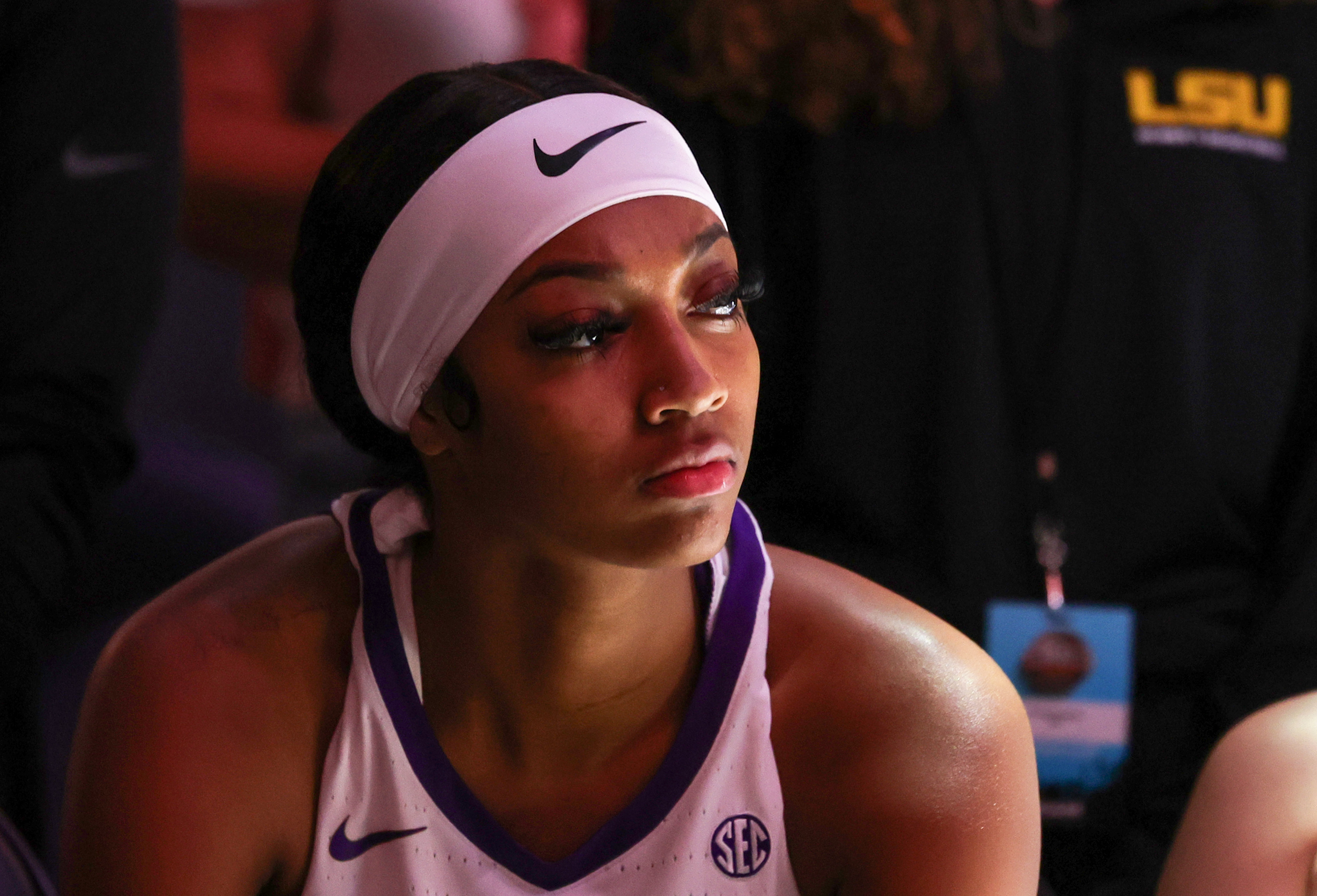 Angel Reese #10 of the LSU Lady Tigers waits to be introduced before a game against the Colorado Buffaloes during the Naismith Basketball Hall of Fame Series at T-Mobile Arena on November 06, 2023 in Las Vegas, Nevada. The Buffaloes defeated the Lady Tigers 92-78.