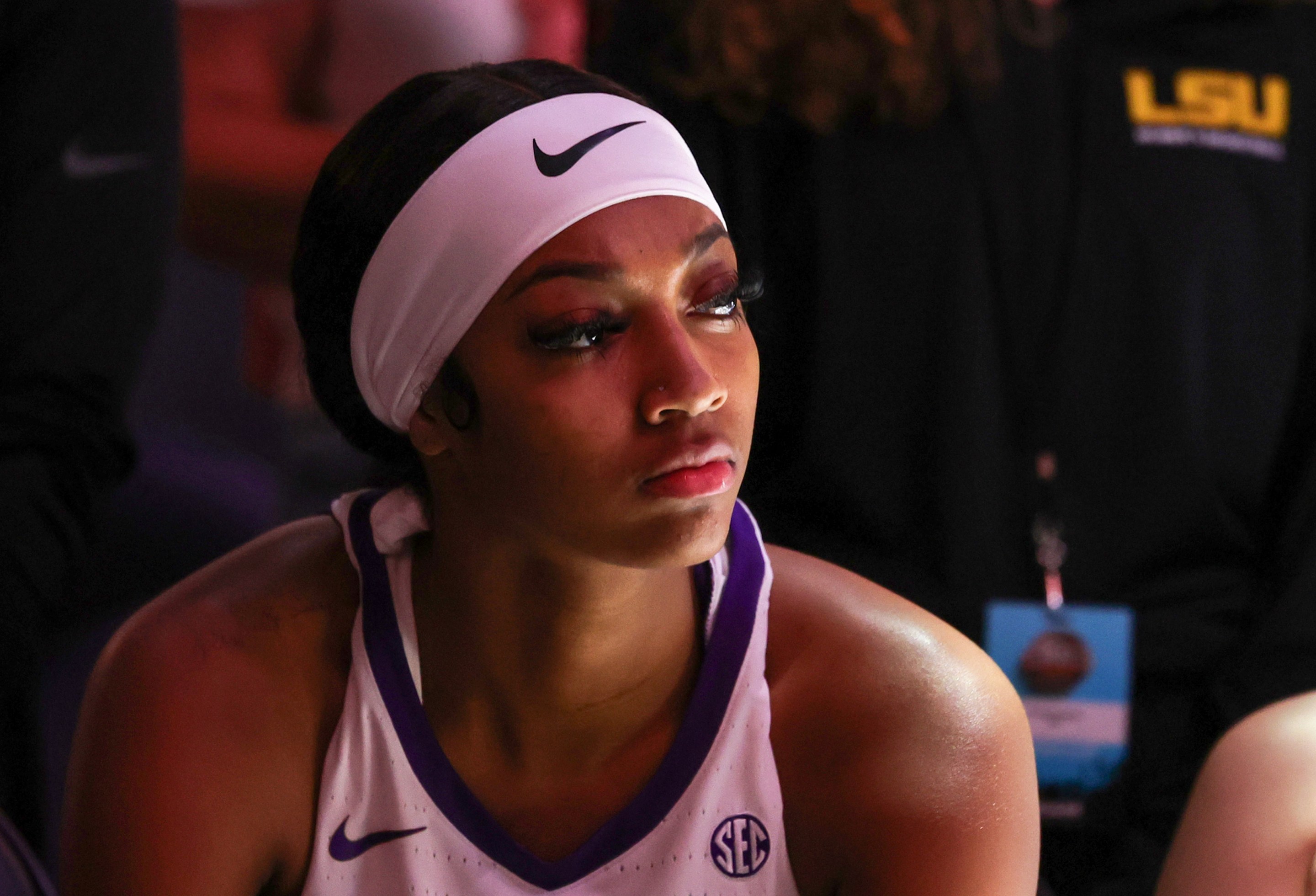 Angel Reese #10 of the LSU Lady Tigers waits to be introduced before a game against the Colorado Buffaloes during the Naismith Basketball Hall of Fame Series at T-Mobile Arena on November 06, 2023 in Las Vegas, Nevada. The Buffaloes defeated the Lady Tigers 92-78.