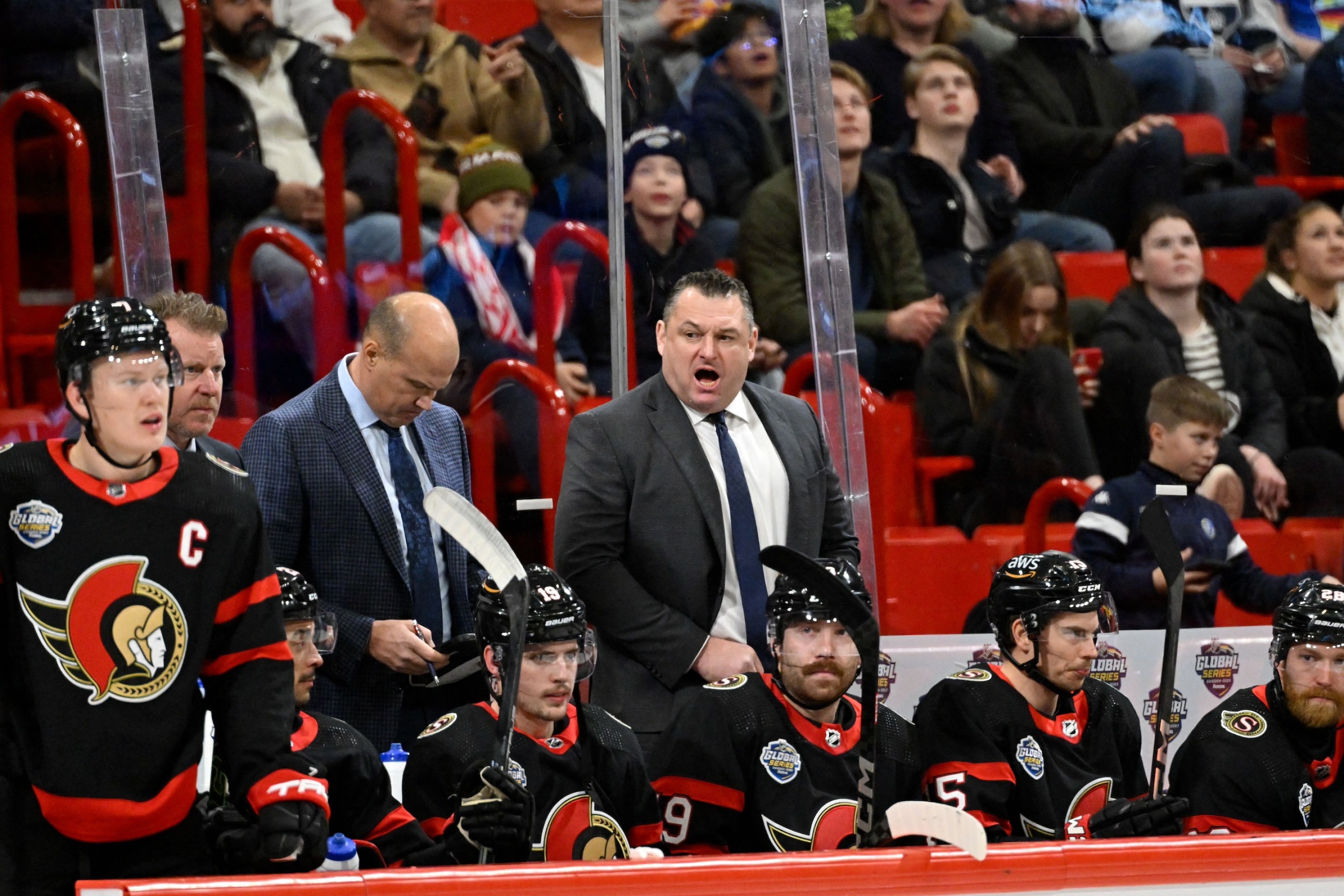 Ottawa Senators head coach D.J. Smith (back R) reacts during the NHL Global Series Ice Hockey match between Detroit Red Wings and Ottawa Senators in Stockholm on November 16, 2023. (Photo by Henrik MONTGOMERY / TT NEWS AGENCY / AFP) / Sweden OUT (Photo by HENRIK MONTGOMERY/TT NEWS AGENCY/AFP via Getty Images)