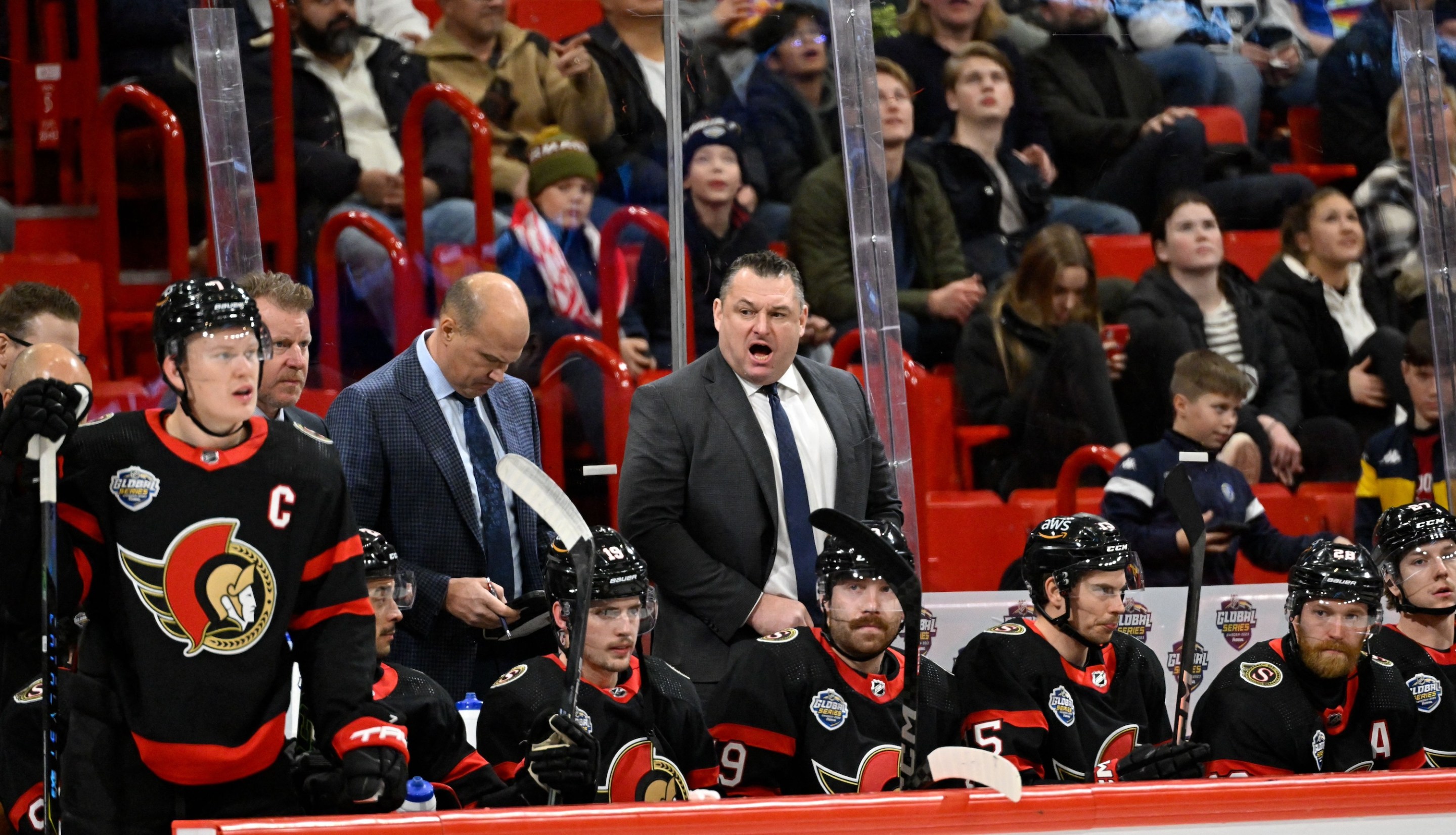 Ottawa Senators head coach D.J. Smith (back R) reacts during the NHL Global Series Ice Hockey match between Detroit Red Wings and Ottawa Senators in Stockholm on November 16, 2023. (Photo by Henrik MONTGOMERY / TT NEWS AGENCY / AFP) / Sweden OUT (Photo by HENRIK MONTGOMERY/TT NEWS AGENCY/AFP via Getty Images)