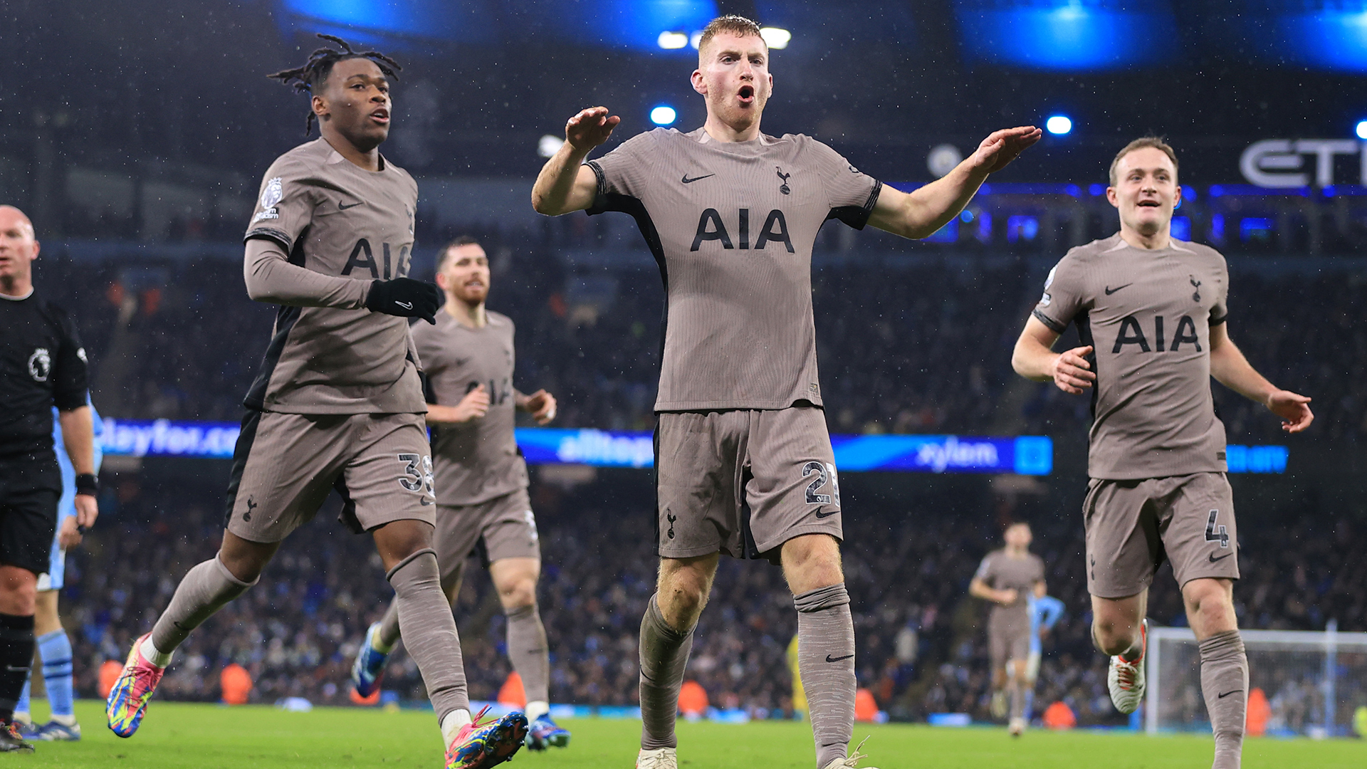 Dejan Kulusevski of Tottenham Hotspur celebrates after scoring a late equalising goal during the Premier League match between Manchester City and Tottenham Hotspur at Etihad Stadium on December 3, 2023 in Manchester, England.