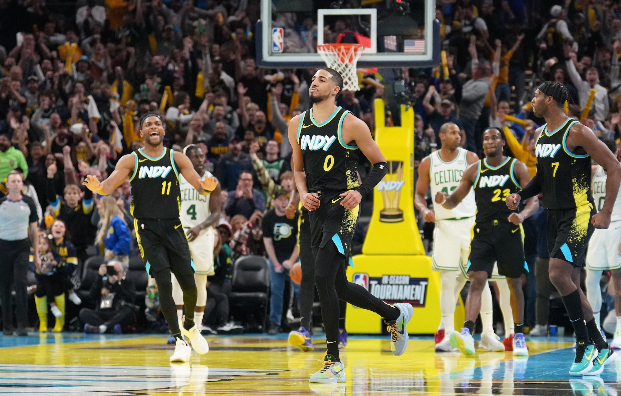 INDIANAPOLIS, IN - DECEMBER 4: Tyrese Haliburton #0 of the Indiana Pacers celebrates during the game against the Boston Celtics during the quarterfinals of the In-Season Tournament on December 4, 2023 at Gainbridge Fieldhouse in Indianapolis, Indiana. NOTE TO USER: User expressly acknowledges and agrees that, by downloading and or using this Photograph, user is consenting to the terms and conditions of the Getty Images License Agreement. Mandatory Copyright Notice: Copyright 2023 NBAE (Photo by Jesse D. Garrabrant/NBAE via Getty Images)
