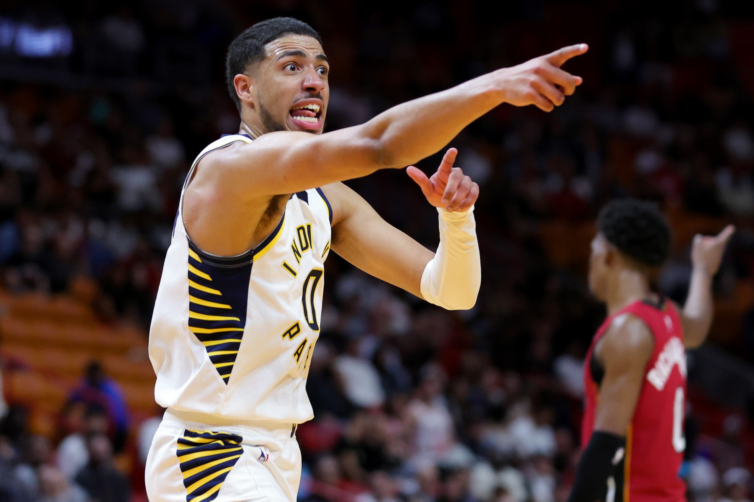 Tyrese Haliburton gestures.