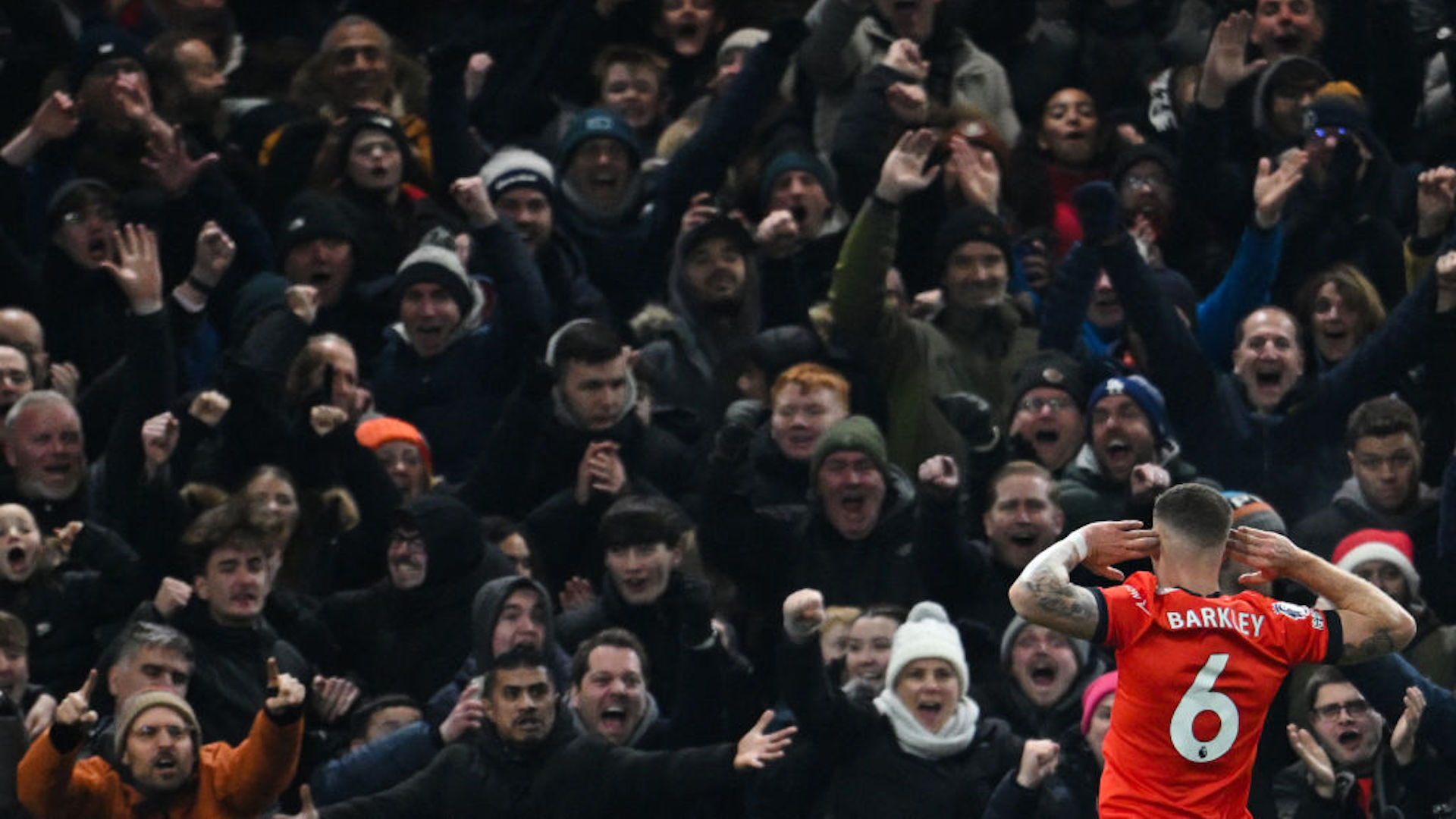 Luton Town's English midfielder #06 Ross Barkley celebrates after scoring his team third goal during the English Premier League football match between Luton Town and Arsenal at Kenilworth Road in Luton, north of London on December 5, 2023.