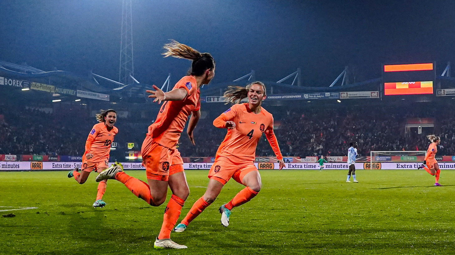 Damaris Egurrola of the Netherlands celebrates with teammates after scoring her teams third goal Romee Leuchter of the Netherlands during the UEFA Womens Nations League - League A Group 1 match between Netherlands Women and Belgium Women at Koning Willem II Stadion on December 5, 2023 in Tilburg, Netherlands