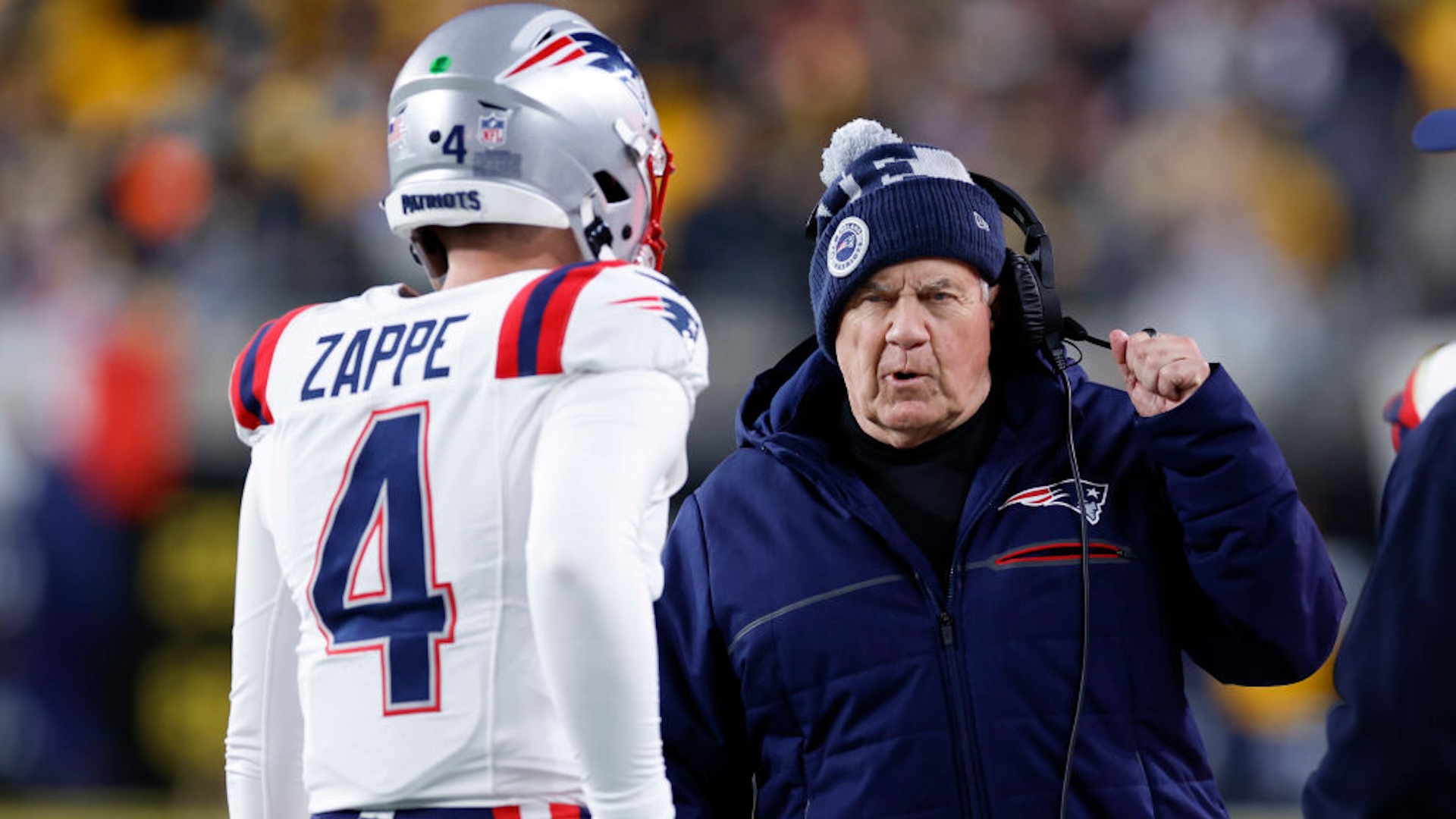 New England Patriots head coach Bill Belichick chats with QB Bailey Zappe in the first half. The Patriots beat the Pittsburgh Steelers, 21-18.