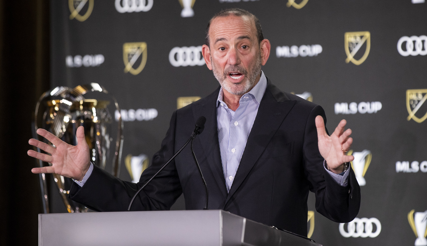 COLUMBUS, OHIO - DECEMBER 08: MLS Commissioner Don Garber speaks during his state of the league address ahead of the 2023 MLS Cup at Lower.com Field on December 08, 2023 in Columbus, Ohio. (Photo by Mike Lawrie/Getty Images)