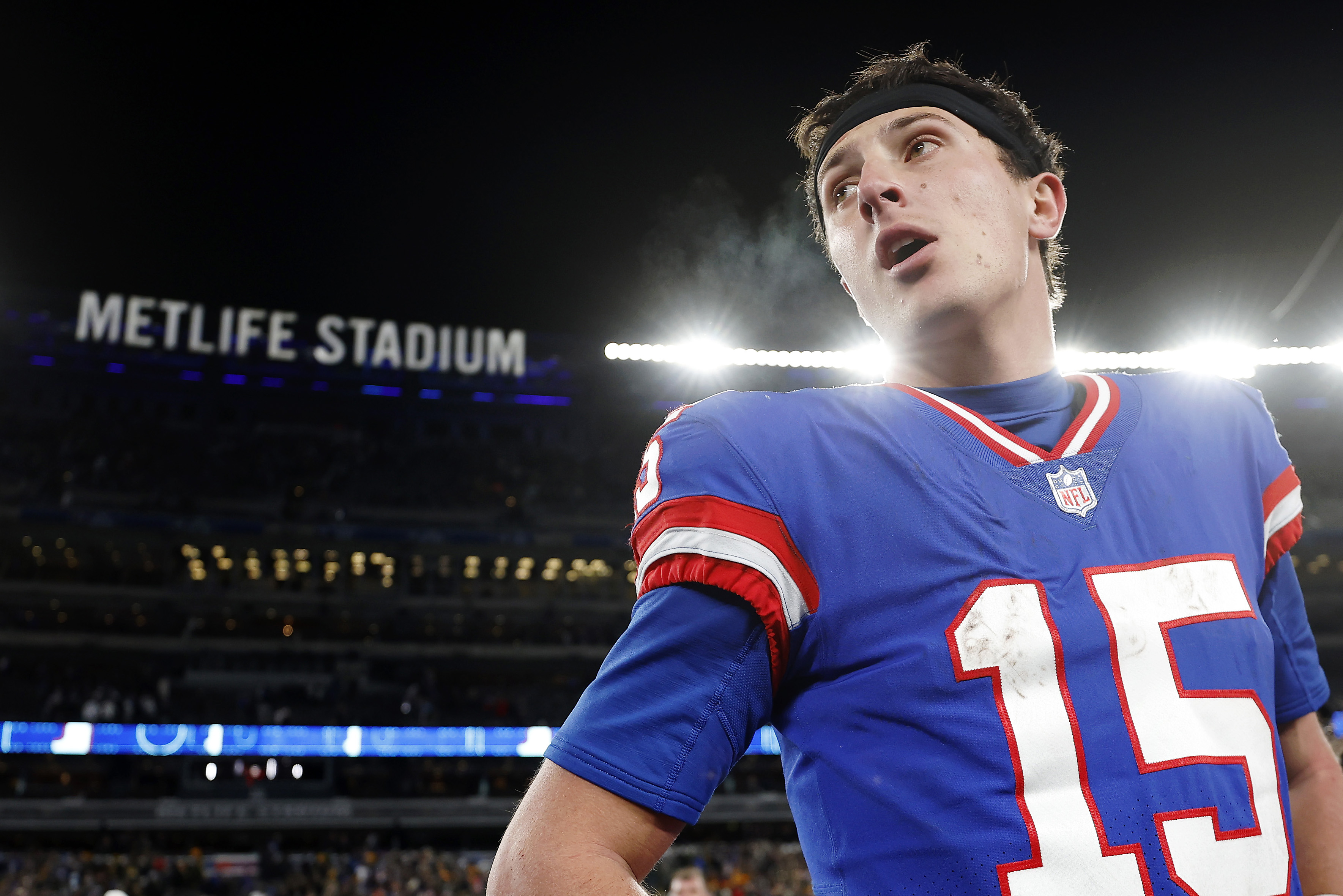 Tommy DeVito looking right, his mouth pretty wide open, after leading the Giants to a Monday Night Football win in New Jersey.