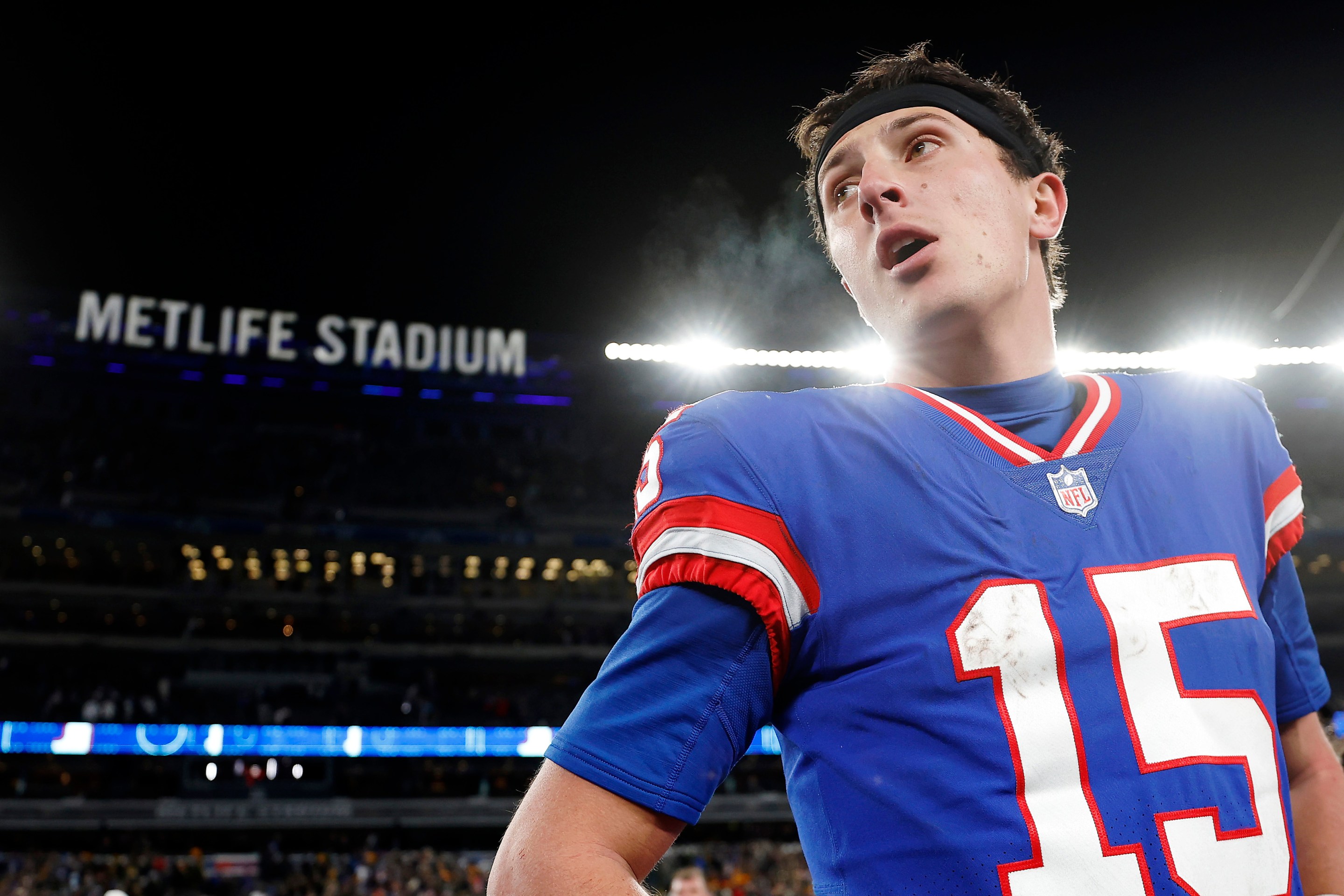 Tommy DeVito looking right, his mouth pretty wide open, after leading the Giants to a Monday Night Football win in New Jersey.