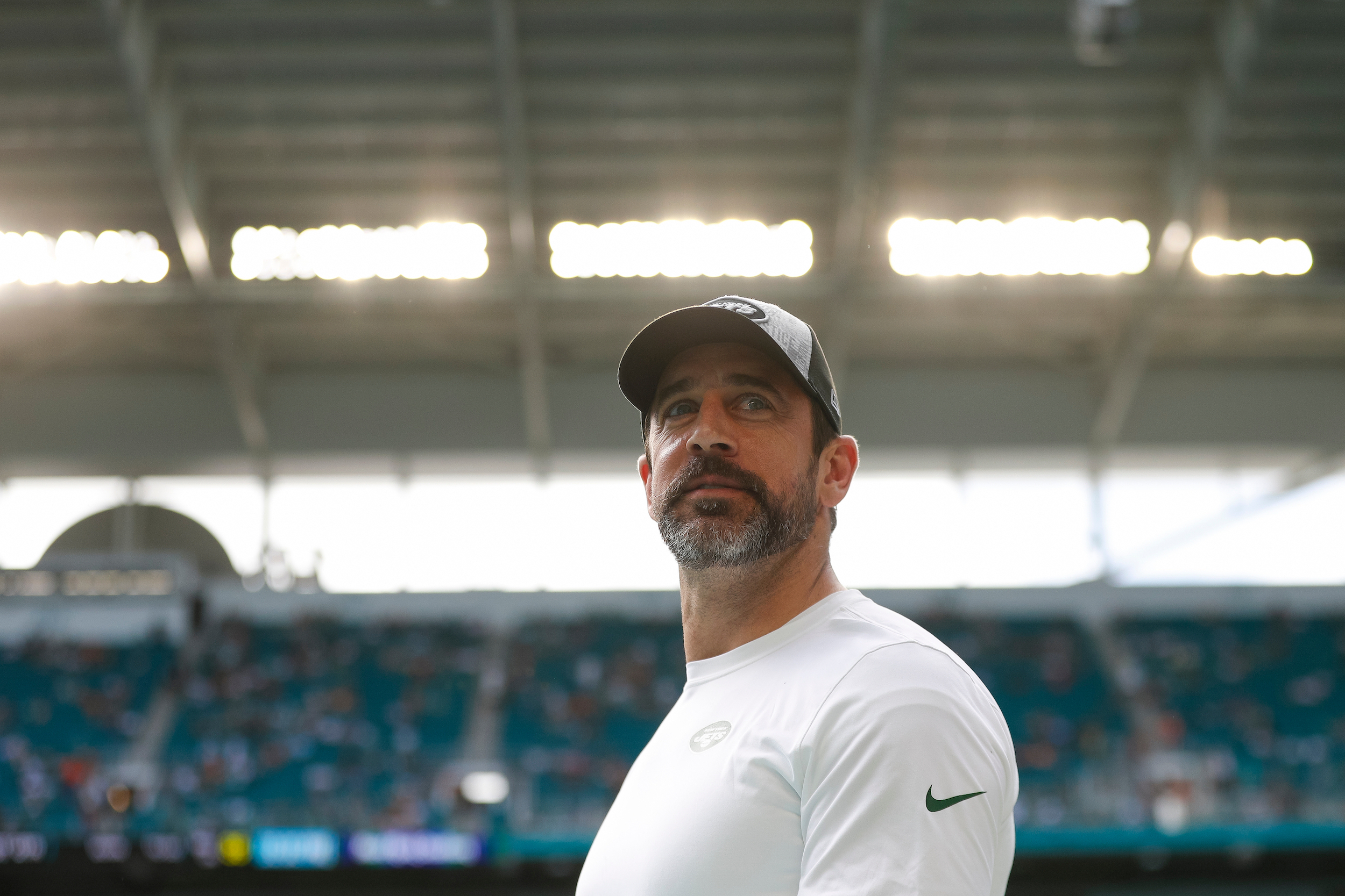 Aaron Rodgers smiles.