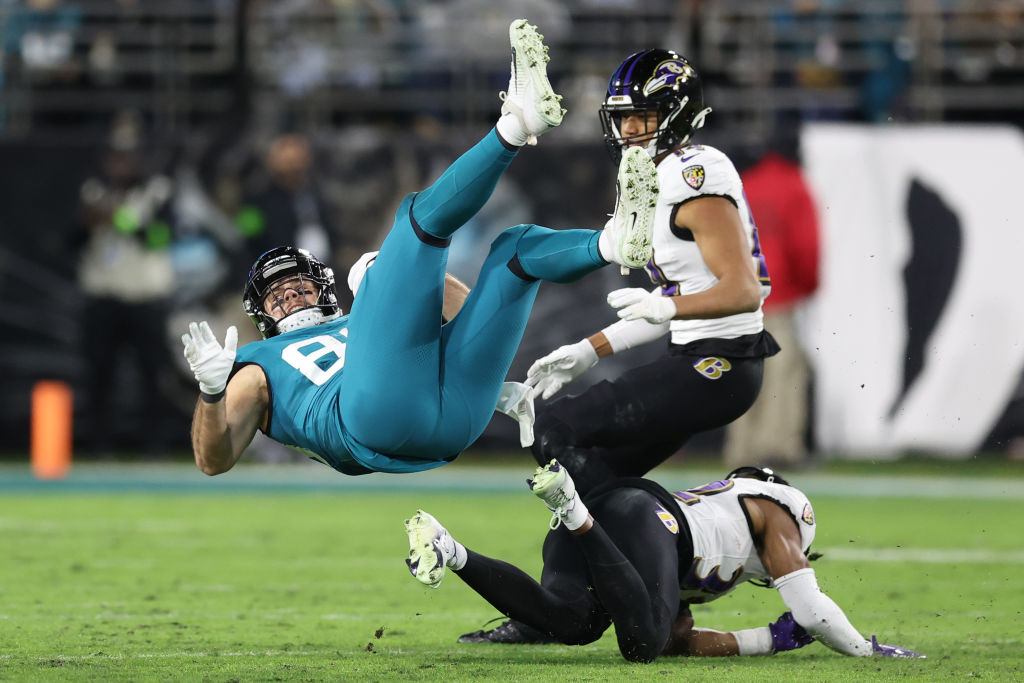 Luke Farrell of the Jaguars is tackled after a reception