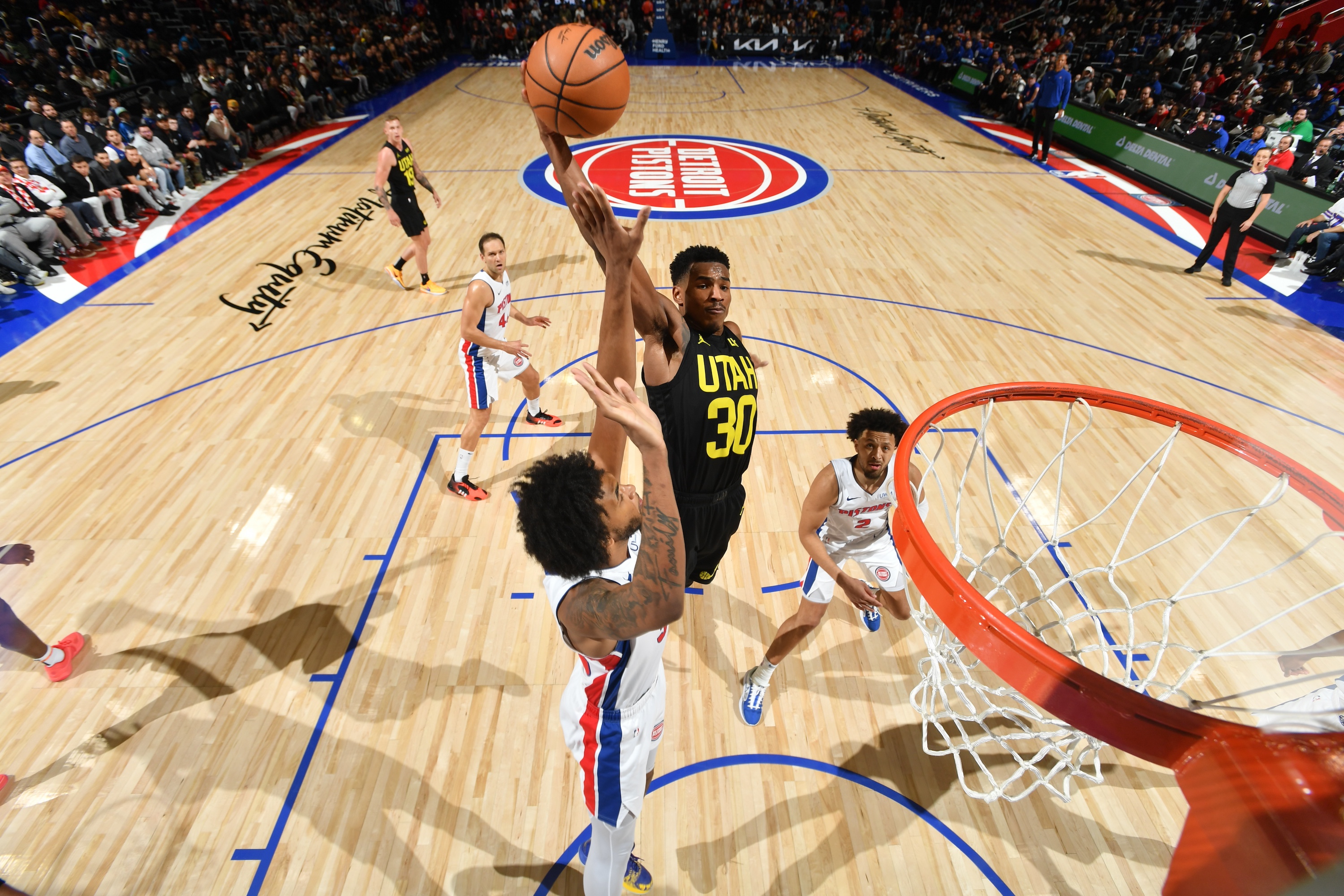 DETROIT, MI - DECEMBER 21: Ochai Agbaji #30 of the Utah Jazz dunks the ball during the game against the Detroit Pistons on December 21, 2023 at Little Caesars Arena in Detroit, Michigan. NOTE TO USER: User expressly acknowledges and agrees that, by downloading and/or using this photograph, User is consenting to the terms and conditions of the Getty Images License Agreement. Mandatory Copyright Notice: Copyright 2023 NBAE (Photo by Chris Schwegler/NBAE via Getty Images)