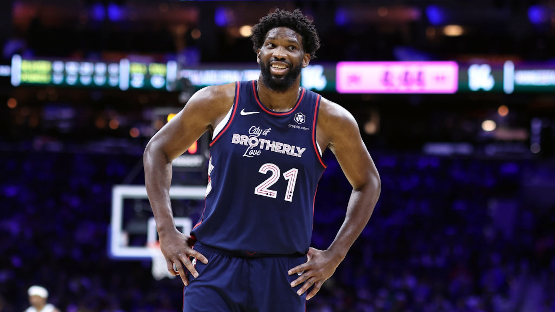 Joel Embiid #21 of the Philadelphia 76ers reacts during the first quarter against the Minnesota Timberwolves at the Wells Fargo Center on December 20, 2023 in Philadelphia, Pennsylvania.