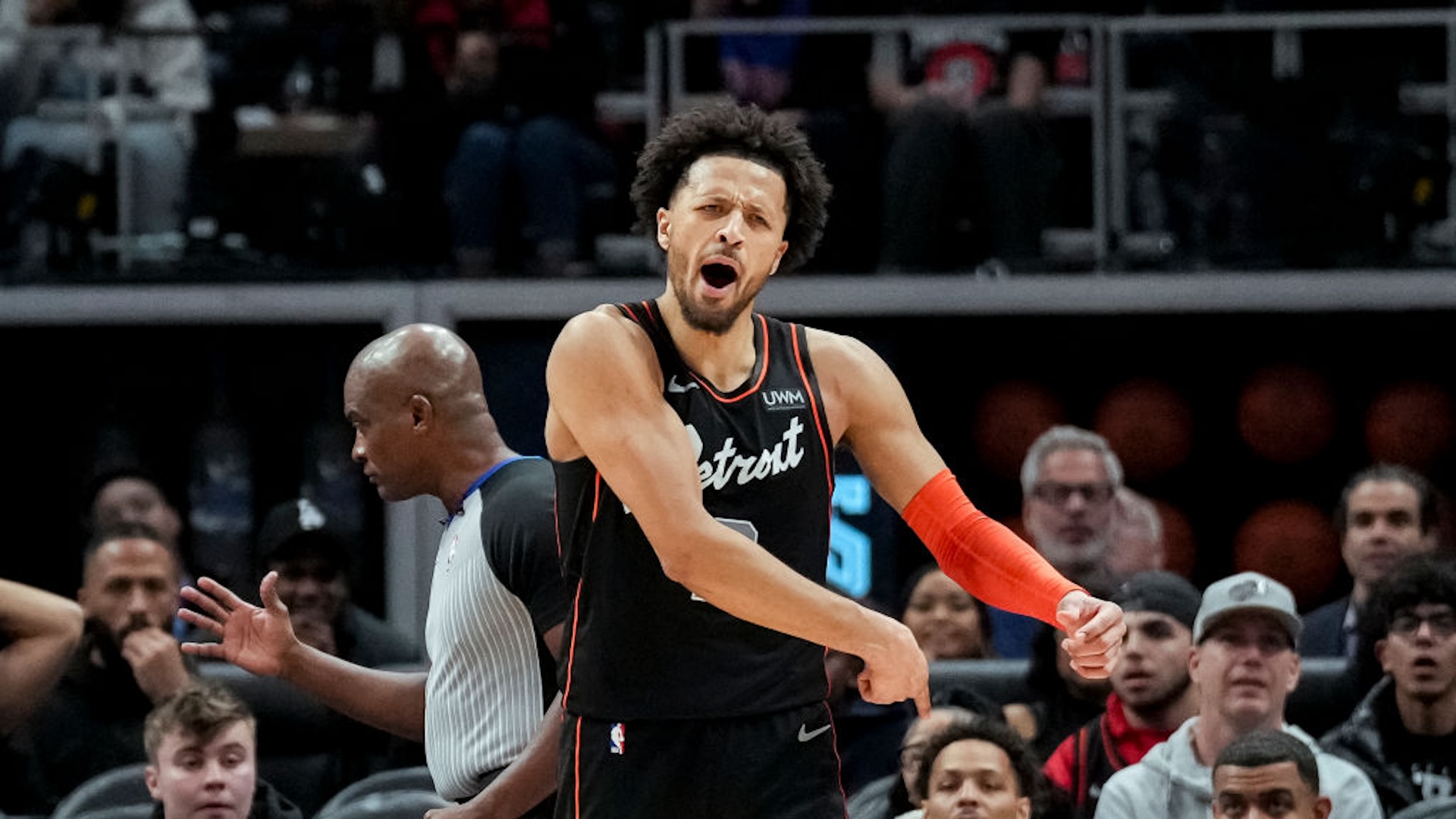 DETROIT, MICHIGAN - DECEMBER 26: Cade Cunningham #2 of the Detroit Pistons reacts to a call during the fourth quarter against the Brooklyn Nets at Little Caesars Arena on December 26, 2023 in Detroit, Michigan. NOTE TO USER: User expressly acknowledges and agrees that, by downloading and or using this photograph, User is consenting to the terms and conditions of the Getty Images License Agreement.