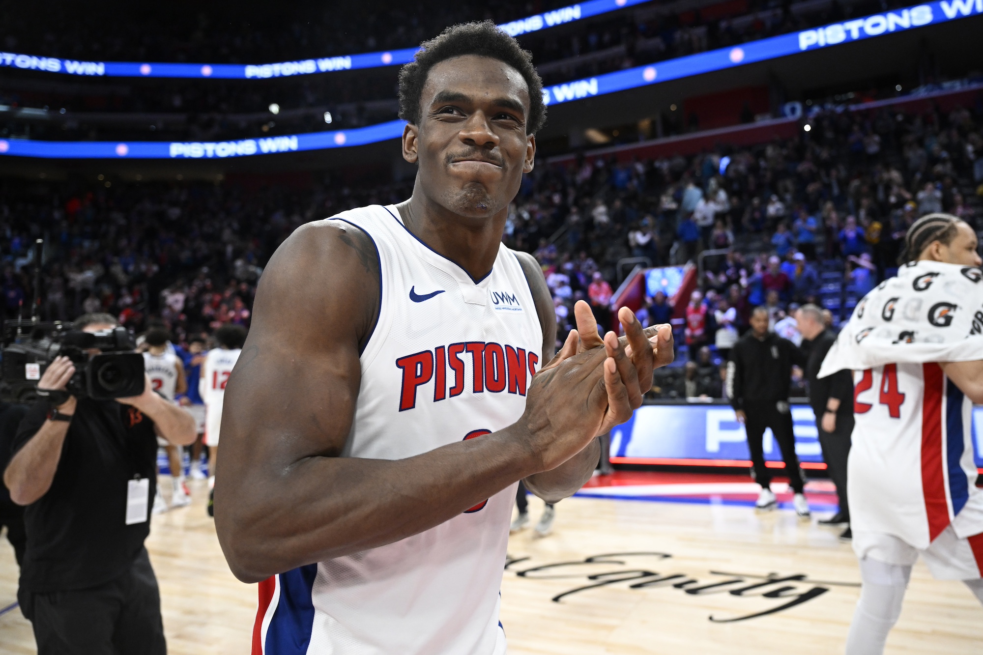 DETROIT, MI - DECEMBER 30: Jalen Duren #0 of the Detroit Pistons smiles after the game against the Toronto Raptors on December 30, 2023 at Little Caesars Arena in Detroit, Michigan. NOTE TO USER: User expressly acknowledges and agrees that, by downloading and/or using this photograph, User is consenting to the terms and conditions of the Getty Images License Agreement. Mandatory Copyright Notice: Copyright 2023 NBAE (Photo by Chris Schwegler/NBAE via Getty Images)