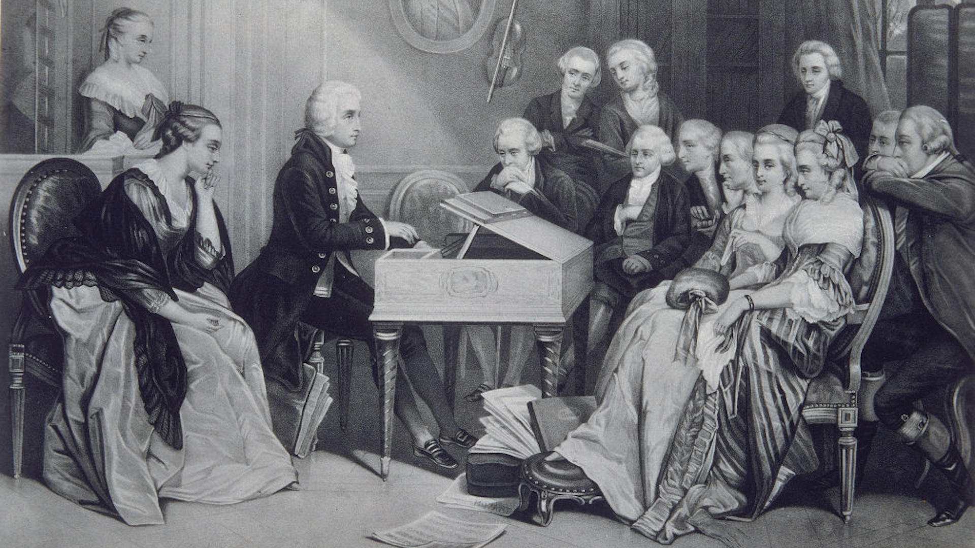 House Concert at the Mozart family in Vienna, 19th century. Found in the collection of the Russian State Library, Moscow. (