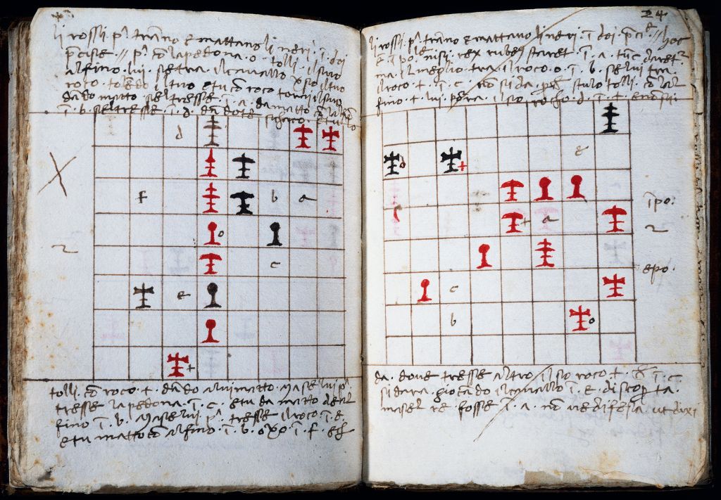 Photo of two pages of an Italian illustrated chess manual from the 15th century, located at the Gorizia, Fondazione Palazzo Coronini Cronberg