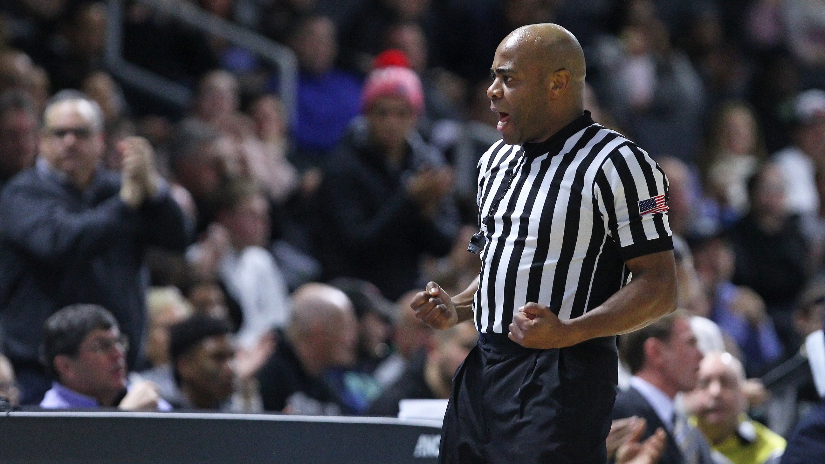 PROVIDENCE, RI - JANUARY 03: Referee Jeffrey Anderson calls a blocking foul during a college basketball game between Marquette Golden Eagles and Providence Friars on January 3, 2018, at the Dunkin Donuts Center in Providence, RI. Marquette won in overtime 95-90 . (Photo by M. Anthony Nesmith/Icon Sportswire via Getty Images)