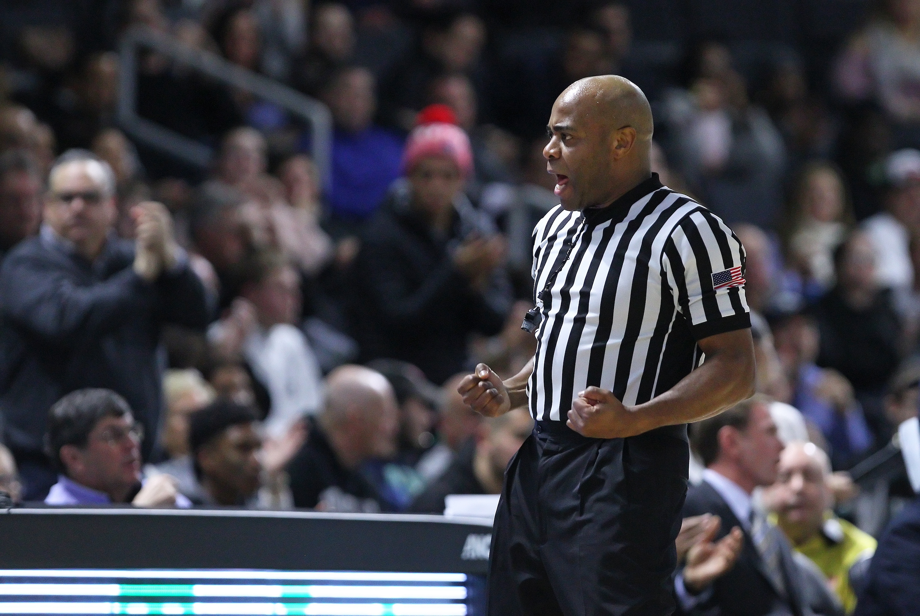 PROVIDENCE, RI - JANUARY 03: Referee Jeffrey Anderson calls a blocking foul during a college basketball game between Marquette Golden Eagles and Providence Friars on January 3, 2018, at the Dunkin Donuts Center in Providence, RI. Marquette won in overtime 95-90 . (Photo by M. Anthony Nesmith/Icon Sportswire via Getty Images)