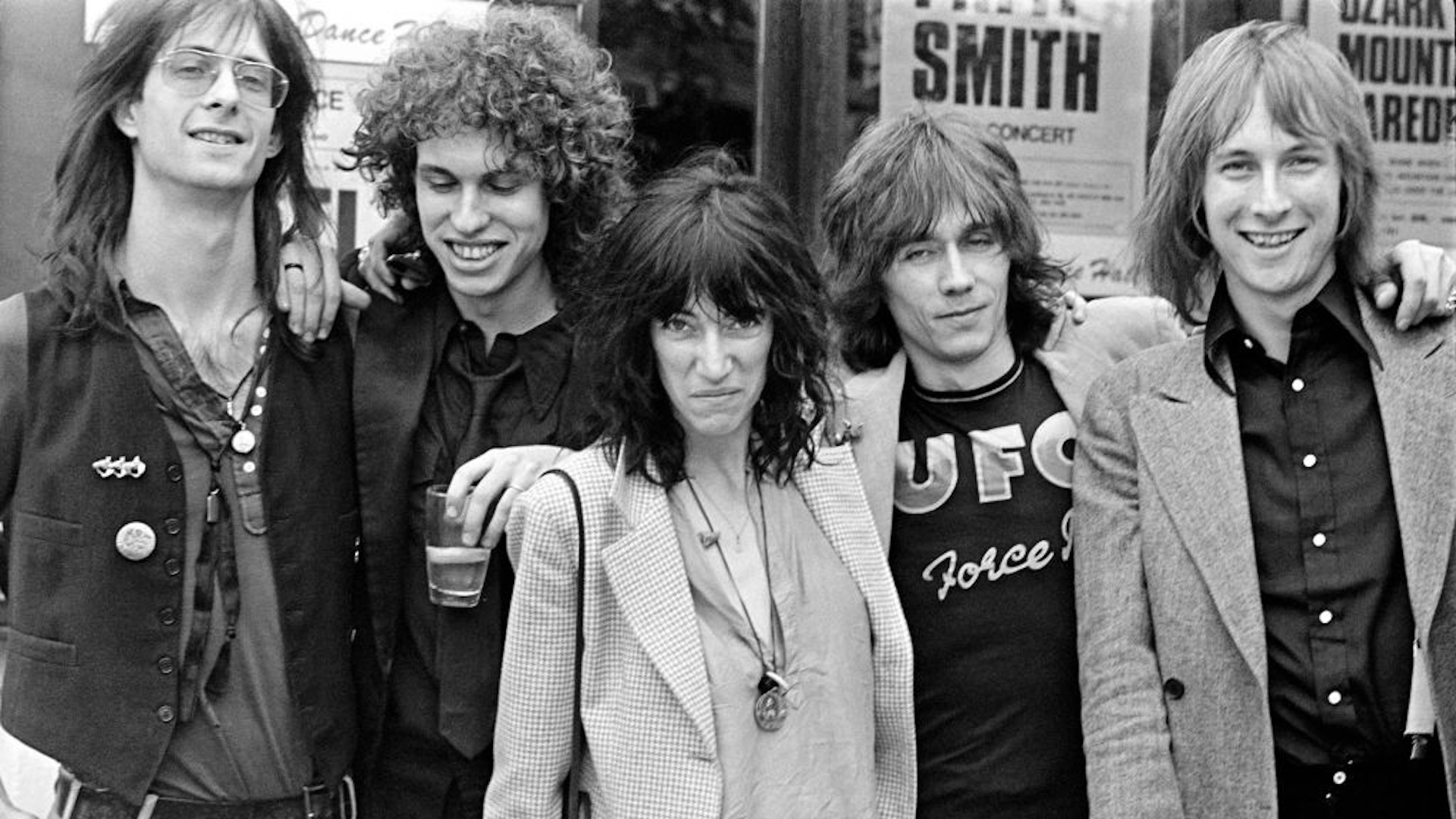 The Patti Smith Group pose for portraits, (L-R) Lenny Kaye, Richard Sohl, Patti Smith, Ivan Kral and Jay Dee Daugherty, in May 1976 in Copenhagen, Denmark.