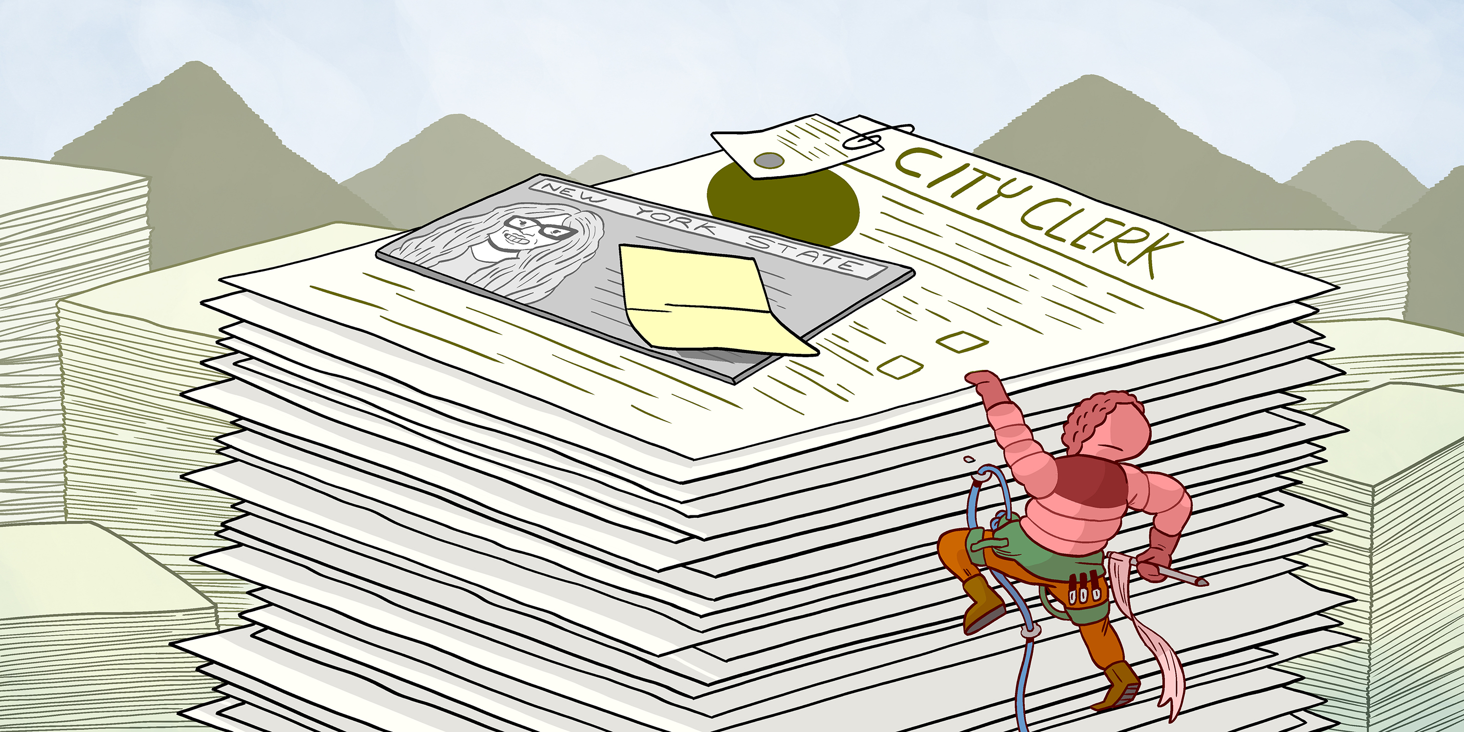 a woman climbing a gigantic mountain of paperwork with an Id at the top