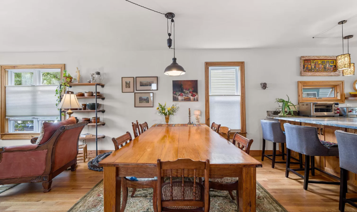 dining room table with overhanging light