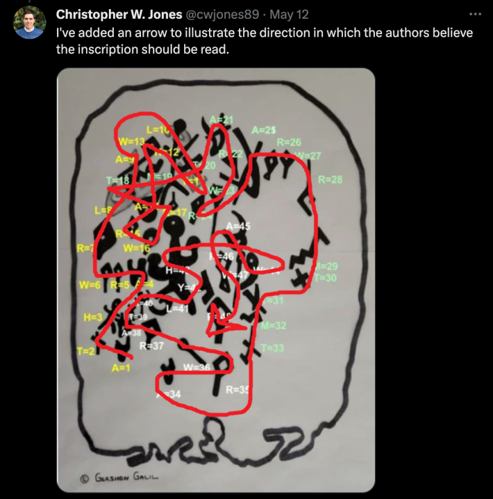 a tweet from Christopher W. Jones @cwjones89 saying I've added an arrow to illustrate the direction in which the authors believe the inscription should be read. with a diagram of a random red squiggly arrow over the letters on the curse tablet