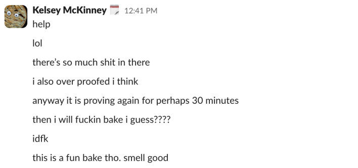 Kelsey: "help""lol""there's so much shit in there""i also over proofed i think""anyway it is proving again for perhaps 30 minutes""then i will fuckin bake i guess????""idfk""this is a fun bake tho. smell good"