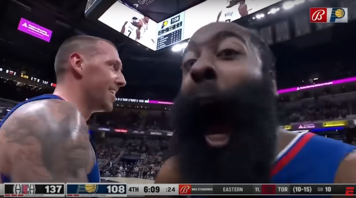 James Harden screams into a camera.