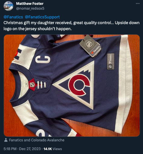 A Colorado Avalanche jersey with the logo crooked by 120 degrees.
