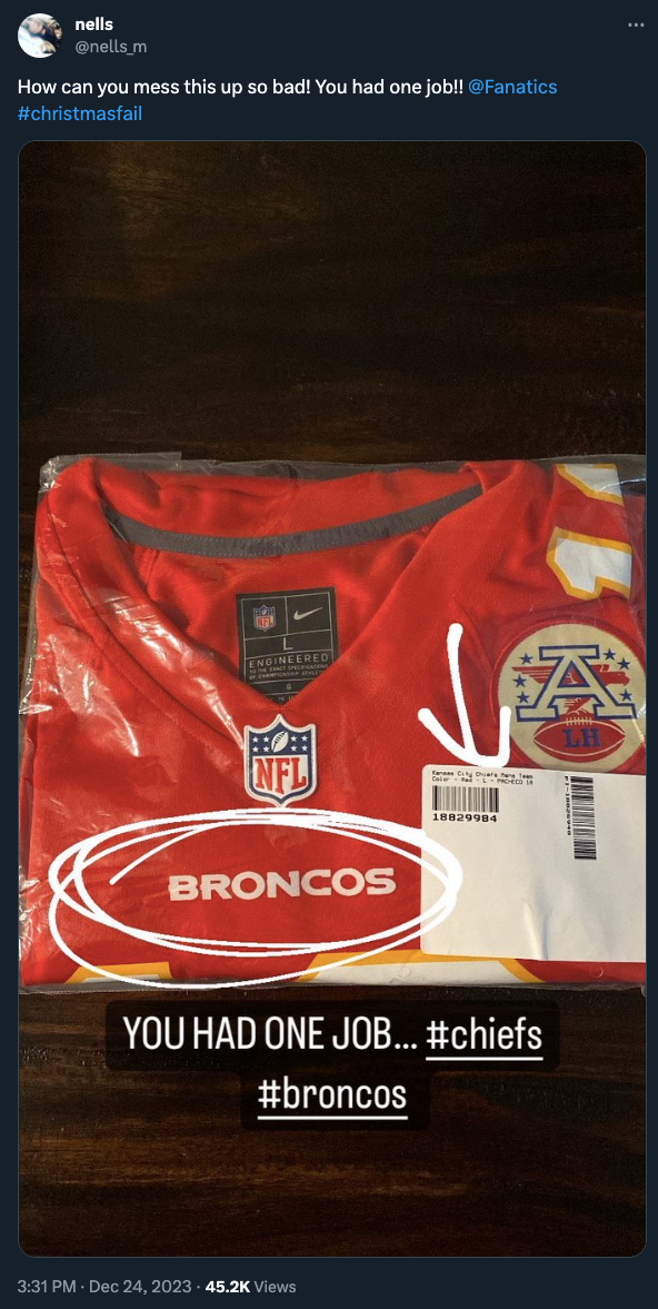A Chiefs jersey that says Broncos.