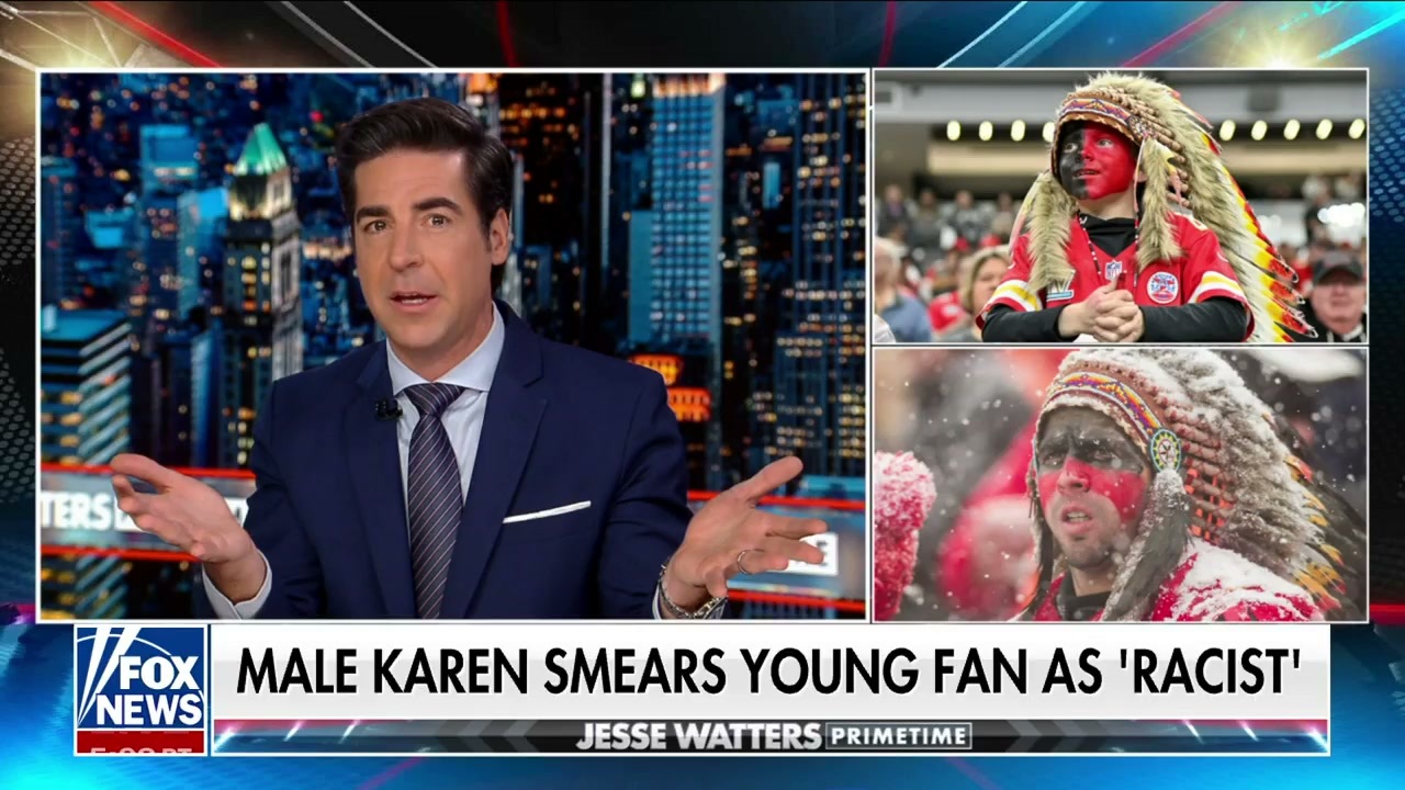 A screengrab from Fox News in which Jesse Watters looks kind of impatient while talking about a Deadspin story about a child who wore a Native American headdress to a Chiefs game. The chyron reads "Male Karen Smears Young Fan As Racist."