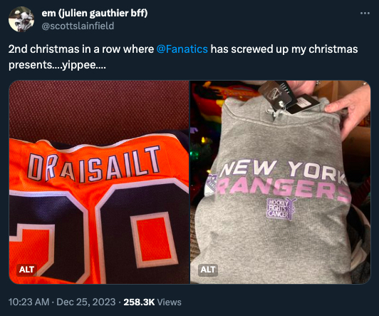 A Leon Draisaitl jersey with his name spelled "Draisilt," and an "Islanders" shirt that says Rangers.