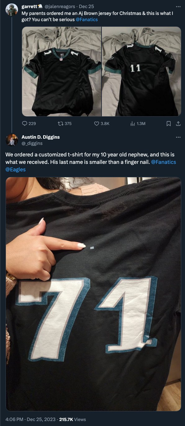 An Eagles jersey with no name and tiny numbers, and an Eagles shirt with the nameplate the size of a fingernail.