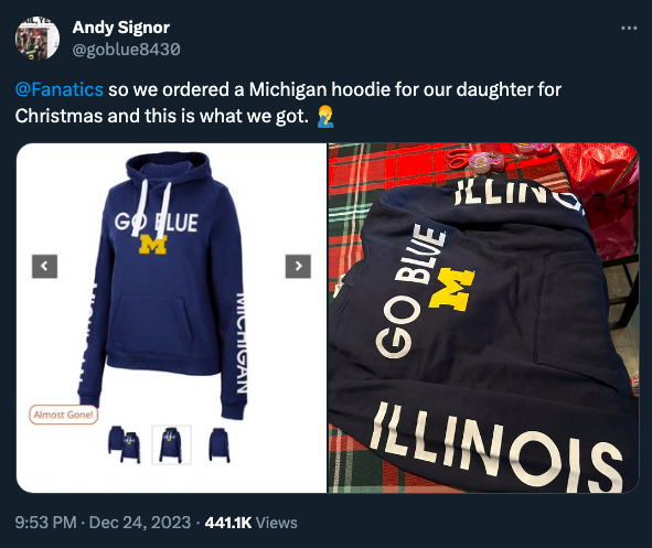 A Michigan hoodie with "Illinois" on both arms.