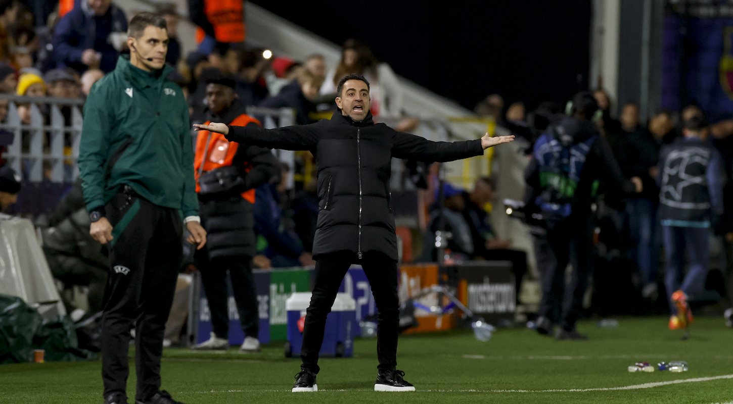 FC Barcelona manager Xavi gesticulates during the UEFA Champions League match against Royal Antwerp.