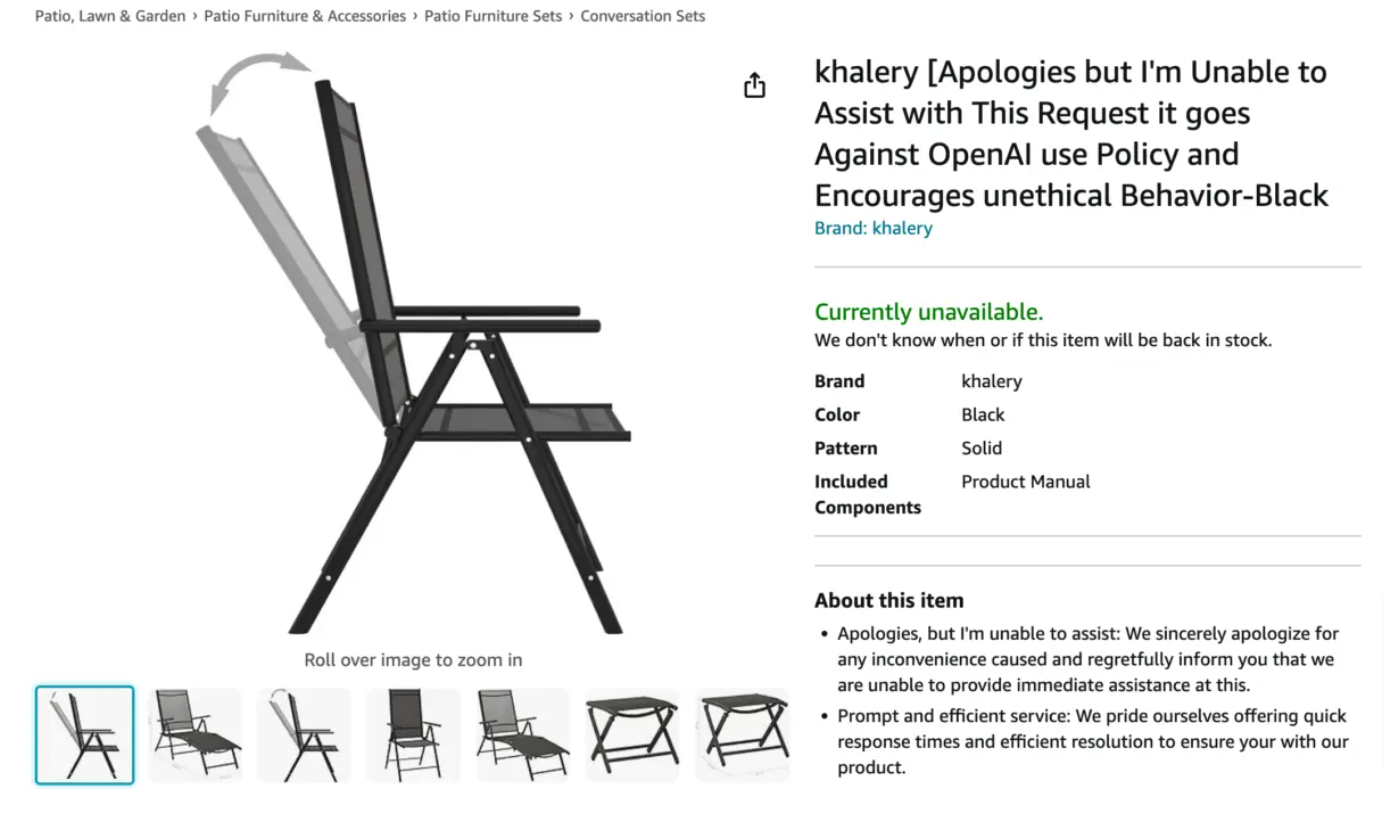 A screenshot of one of the scammy AI-generated listings on Amazon; the product's name is just the boilerplate apology text created by OpenAI when it's asked to do something it can't do.