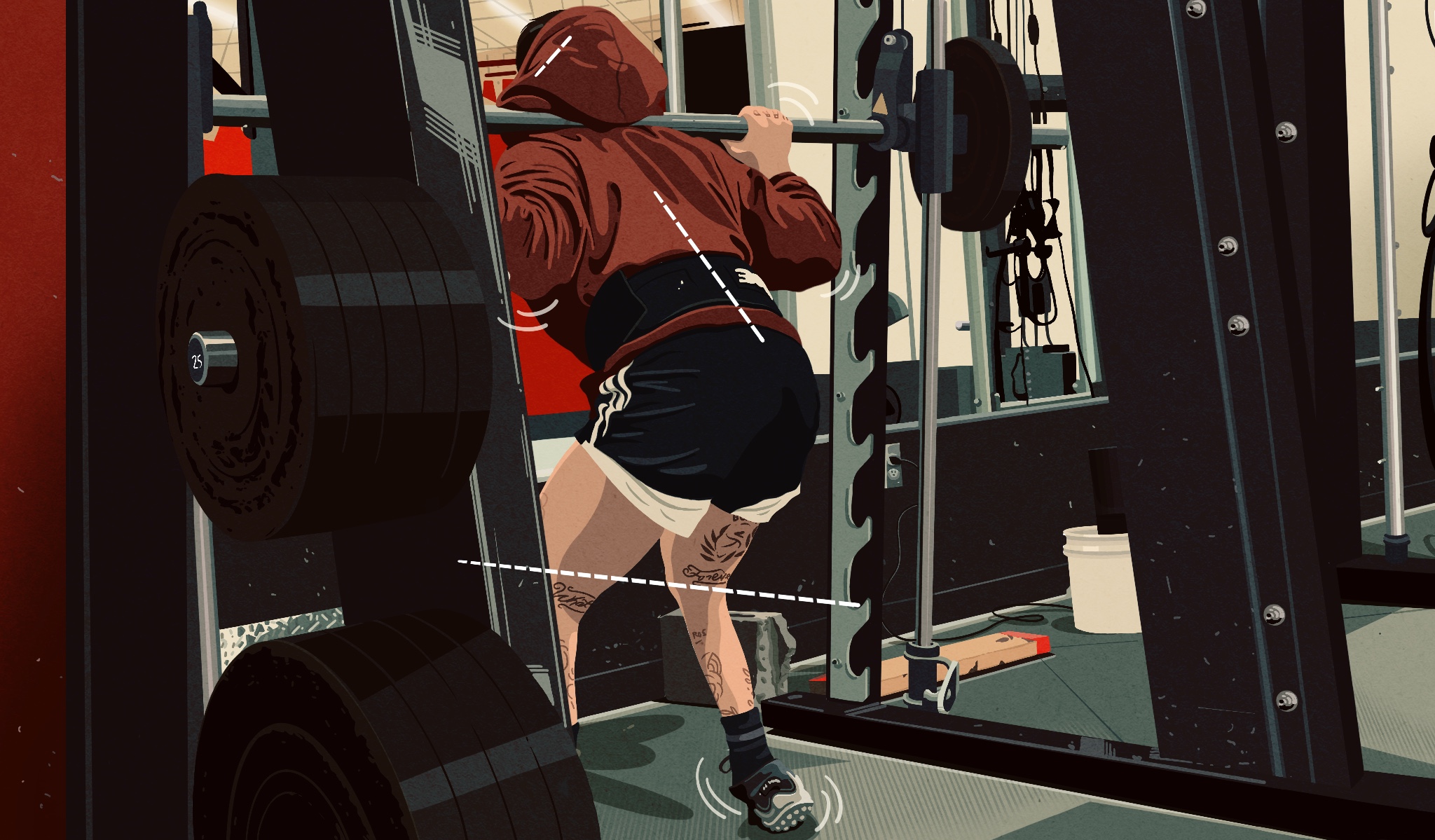 Art of a person seen from behind wearing a hoodie and shorts, with tattoos on their legs, in the process of lifting a barbell