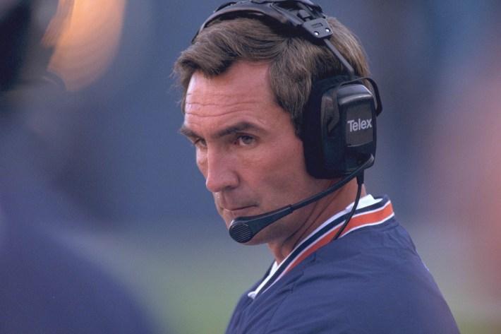 A headshot of Denver Broncos coach Mike Shanahan on the sideline during a game against the Tampa Bay Buccaneers on September 15, 1996 in Denver. Denver won the game 27-23. (Photo by Albert Dickson/Sporting News via Getty Images via Getty Images)
