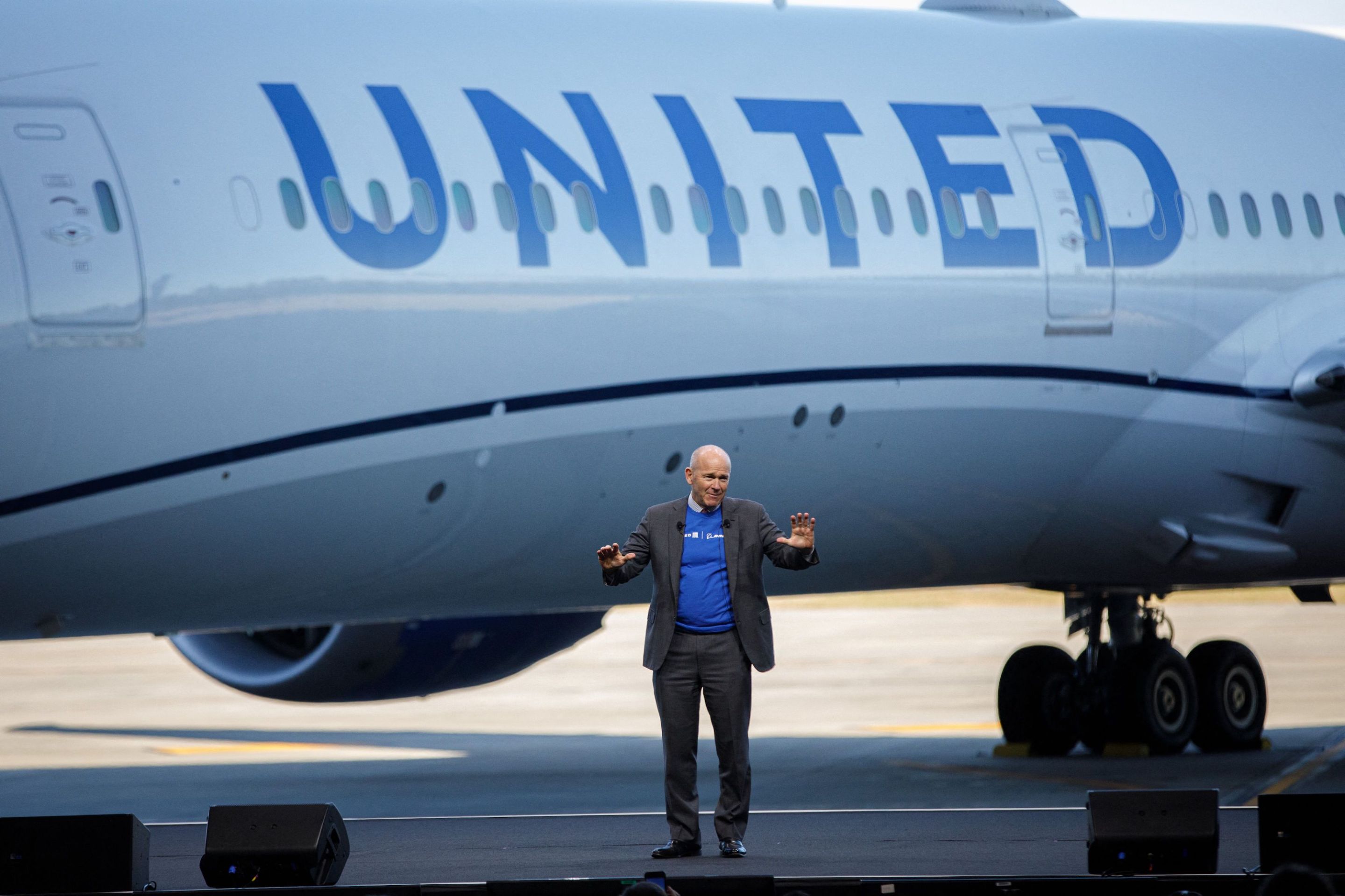 Boeing CEO David Calhoun speaks during a joint press event with United Airlines at the Boeing manufacturing facility in North Charleston, on December 13, 2022.