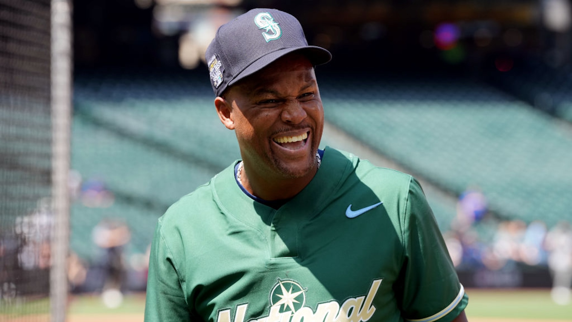 Adrian Beltre jokes around during batting practice prior to the SiriusXM All-Star Futures Game at T-Mobile Park on Saturday, July 8, 2023 in Seattle, Washington.
